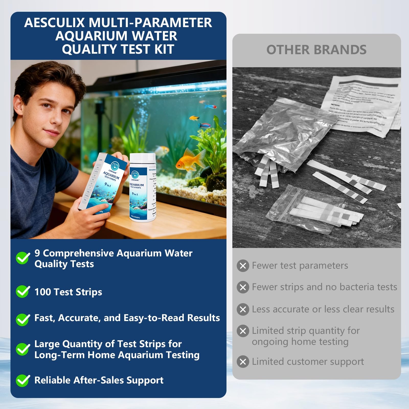 9 in 1 Aquarium Test Strips, 100 Count, Fish Tank Water Test Kit for Freshwater & Saltwater, Tests Nitrate, Nitrite, pH, KH, Total Alkalinity, Hardness, Free Chlorine, Copper & Phosphate - image 4