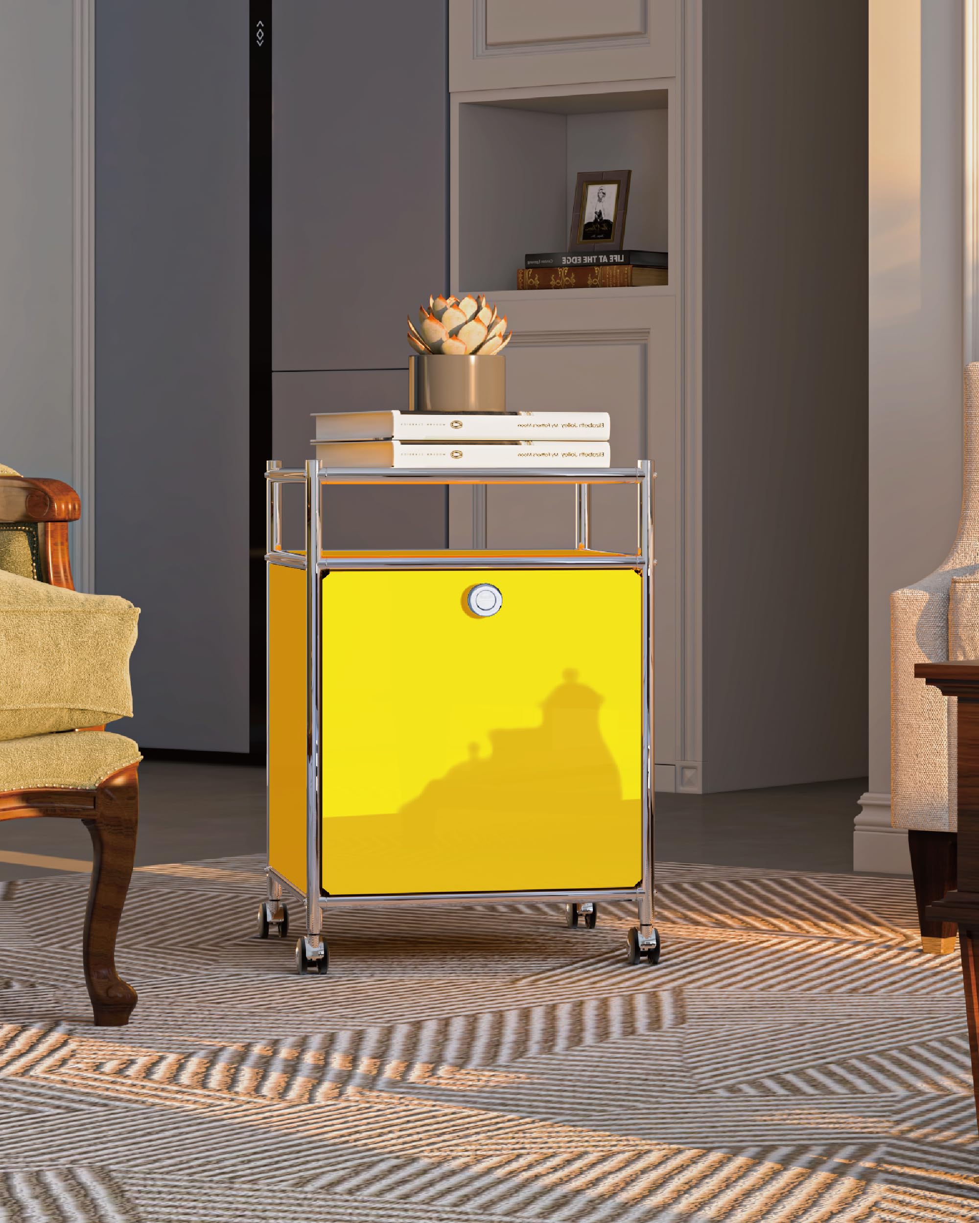 Chariot de Rangement Mat avec Porte à Rabat, Grande capacité, roulettes Amovibles, mobilier Moderne à Monter soi-même, idéal pour la Maison, Le Bureau, la Chambre, la Cuisine (Jaune Mat)