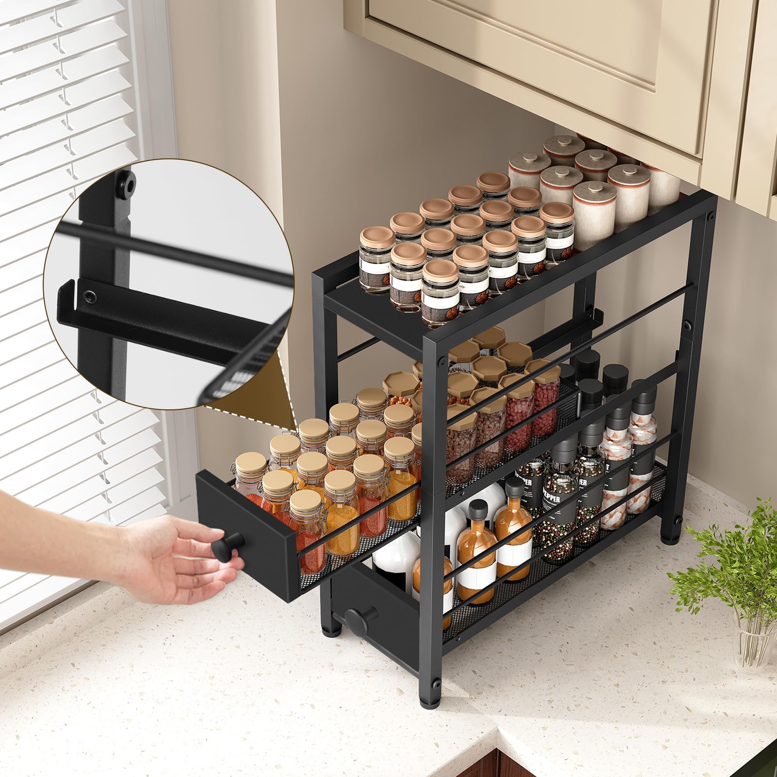 YATINEY Étagère à Épices à 3 Niveaux, Organisateur Étroit pour Plan de Travail de Cuisine avec 2 Tiroirs, Rangement Café avec Tiroirs Coulissants, pour Capsules de Café, XSR02BB