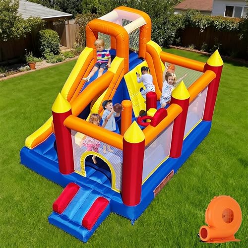Baralir Inflatable Bounce House with 12.37x8.26Ft Oversized Jump Area, 88'' Extra-Long Slide Kids Bounce House with Climbing Wall, Obstacle Poles & Hoop- Durable & Safe Backyard Fun for Kids