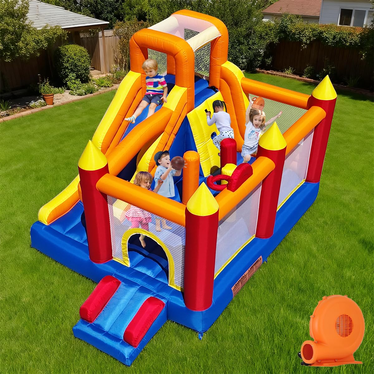 Photo 1 of Baralir Inflatable Bounce House with 8.98 * 4.82 Ft Oversized Jump Area, 88'' Extra-Long Slide Kids Bounce House with Climbing Wall, Obstacle Poles & Hoop- Durable & Safe Backyard Fun for Kids