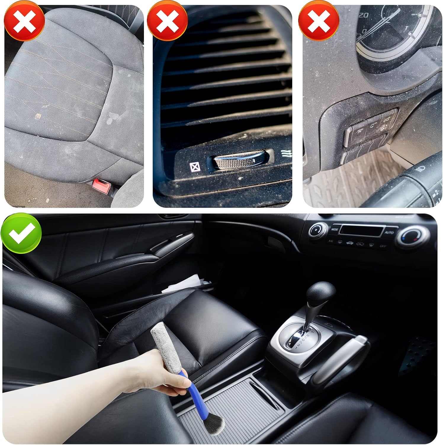 2 Pcs Double Head Brush for Car Cleaning, Portable Car Interior Detailing Brush Car Dust Brush, Auto Detail Brush Exterior Soft Bristles Car Seat Brush for Cleaning Air Vent Dashboard (Blue & Black)