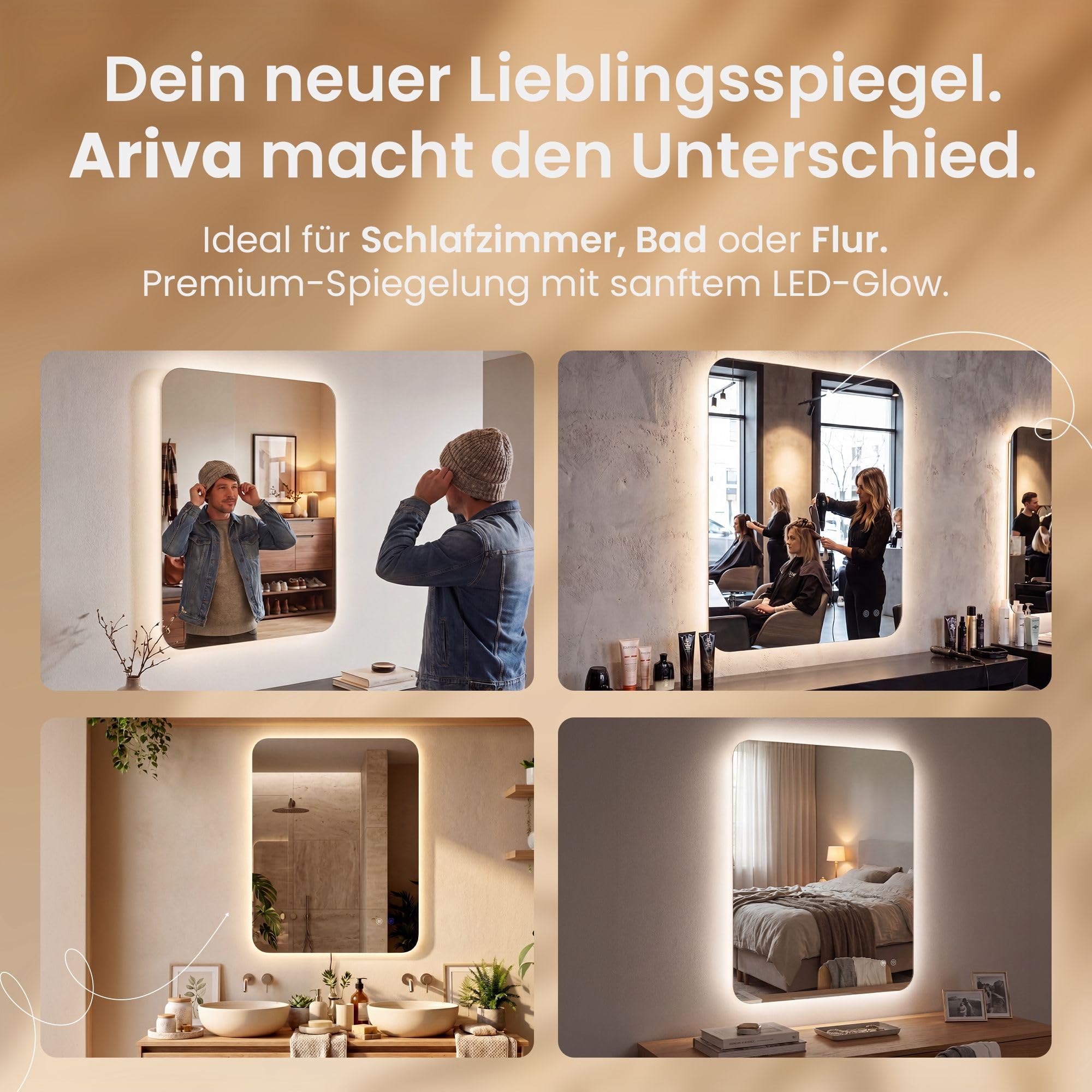 CLP Badspiegel mit LED-Beleuchtung eckig, Badezimmerspiegel mit Touch-Dimmer, 3 Lichtfarben, beschlagfrei, rahmenloser Wandspiegel Ariva, Größe:70x90 cm