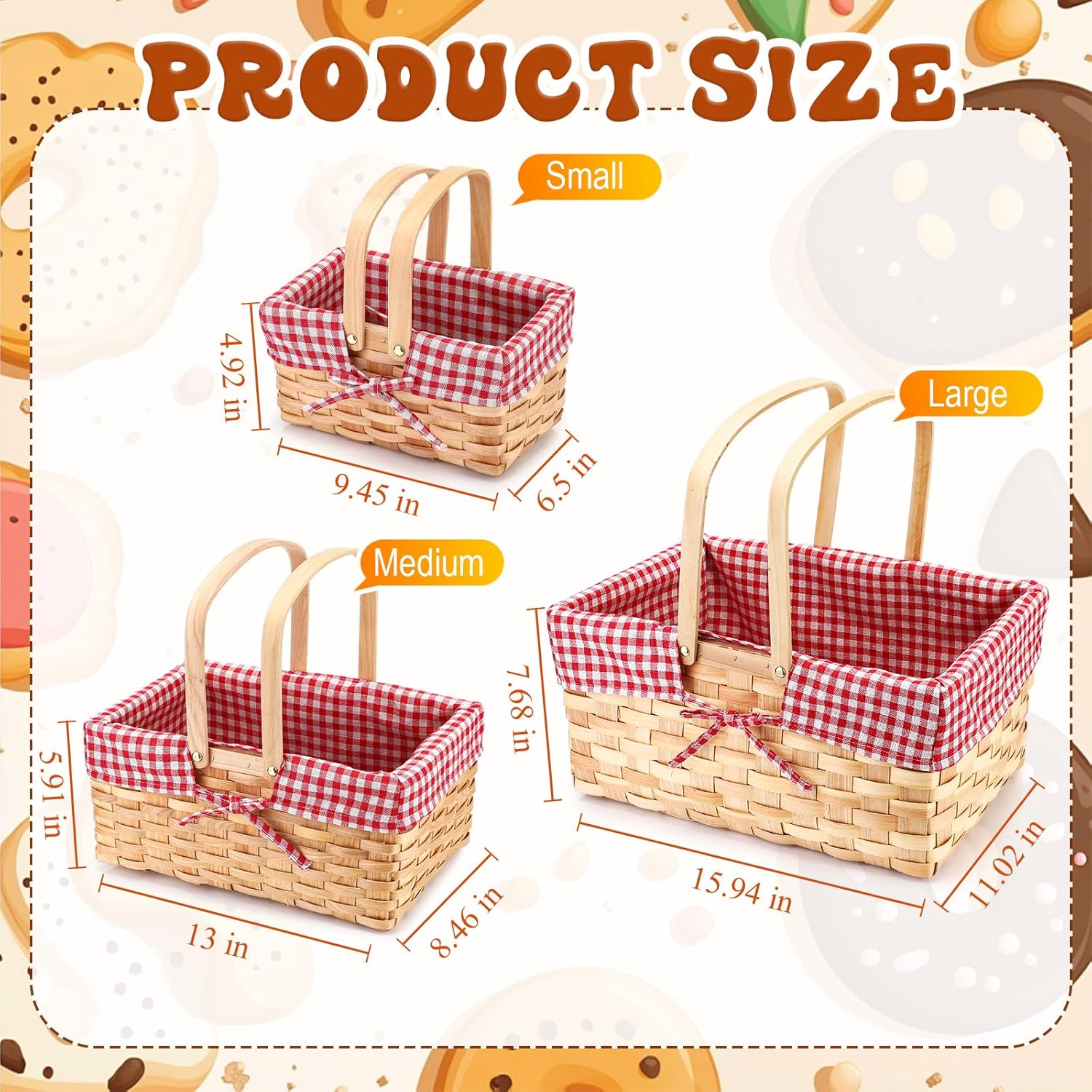 3 Pcs Different Sizes Picnic Basket with Handles Spring Plaid Gingham Checkered Liner Basket Rustic Woven Hamper for Picnic Camping Outdoor Egg Gathering Candy Gift(Red)
