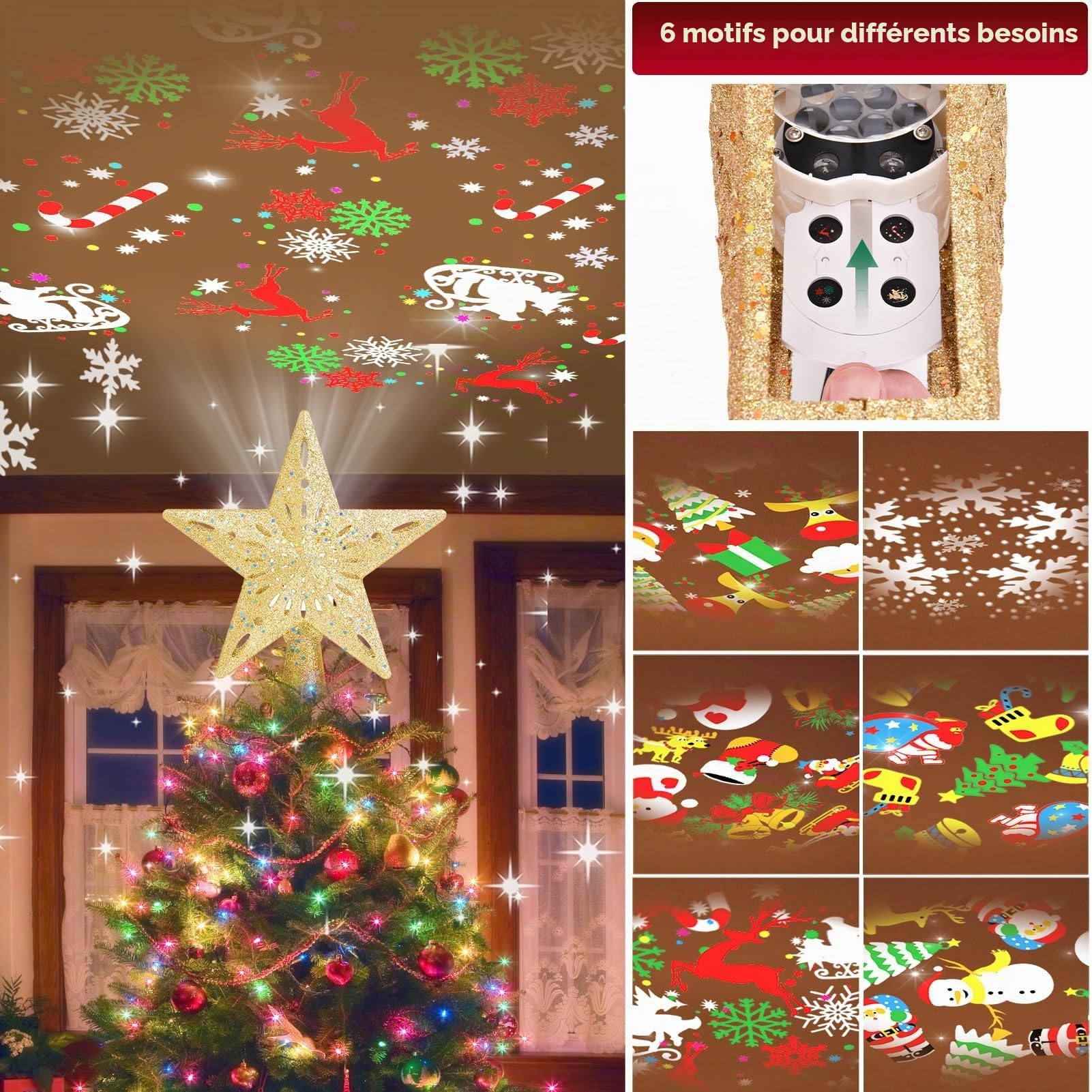 Johiux Etoile Sapin de Noel,Pointes de Sapin 3D Rotation Projecteur,Etoile Sapin de Noel Lumineuse,Arbre de Noël Topper,Cimier de Sapin de Noël