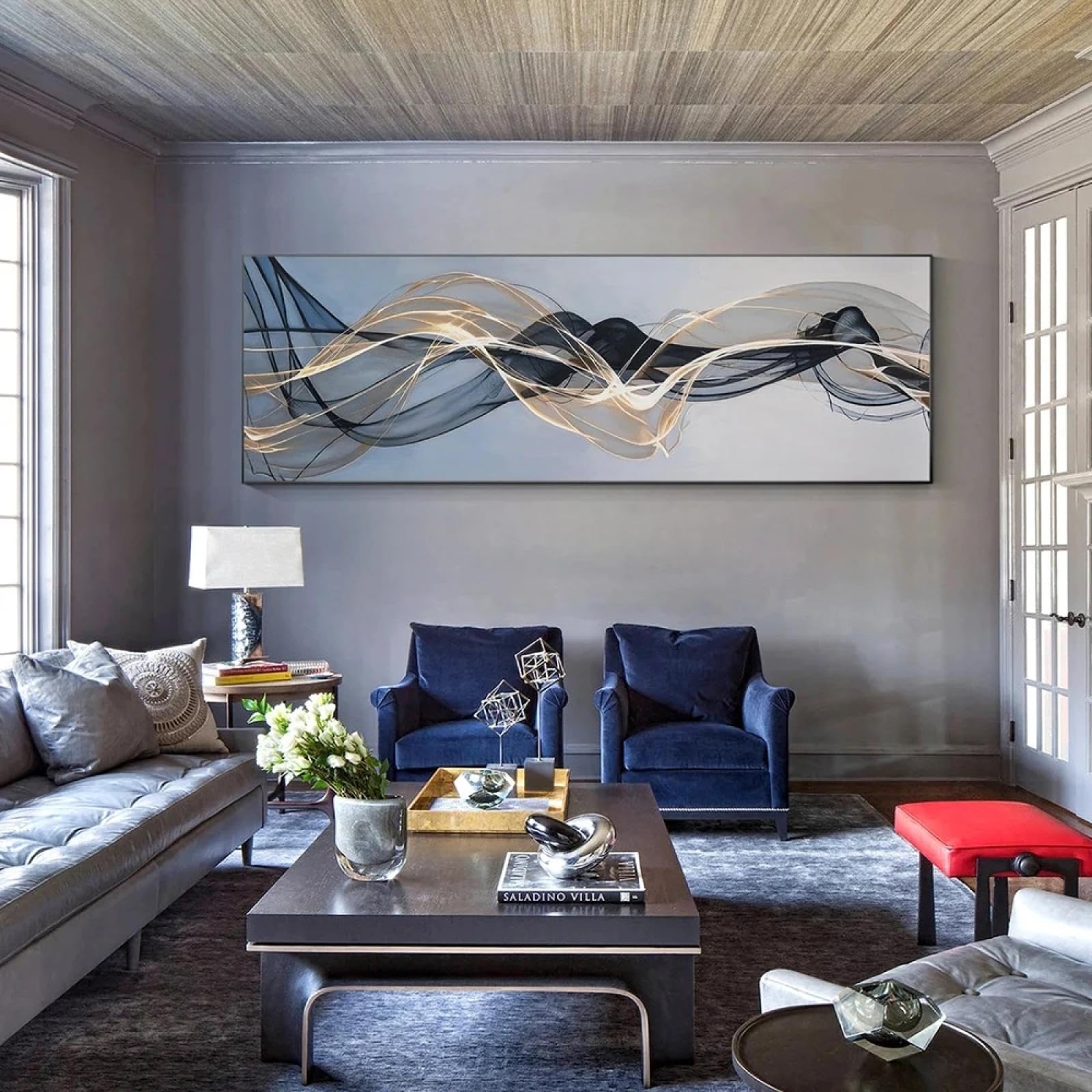ICOMPY Arte de pared sobre la cama para dormitorio, cinta abstracta gris dorada y negra, pintura sobre lienzo, carteles grandes, decoración moderna para el hogar, 50x150 cm, sin marco