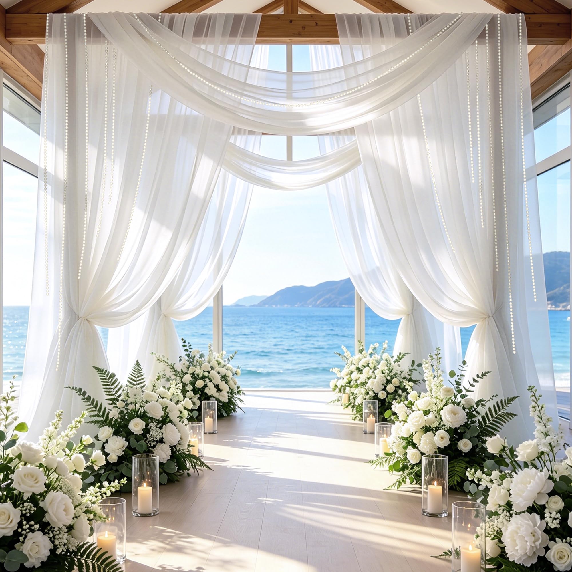 Wedding Draping Fabric, Wedding Arch Drapery Backdrop Curtain with Bead String Decoration, Arch Backdrop Drapes Curtains for Ceremony Graduation Anniversary Celebration Party Decorations (White)