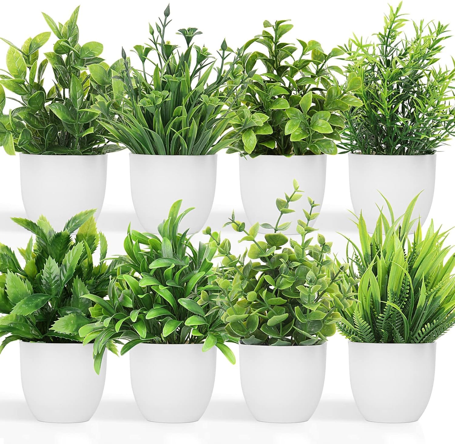 DekorlyArtificial Plants Small Fake Potted Plants, Mini Eucalyptus Potted Faux Decorative Grass Plant with White Pot for Home Decor, Indoor, Office, Desk, Shelf, Table Decoration | Pack of 8