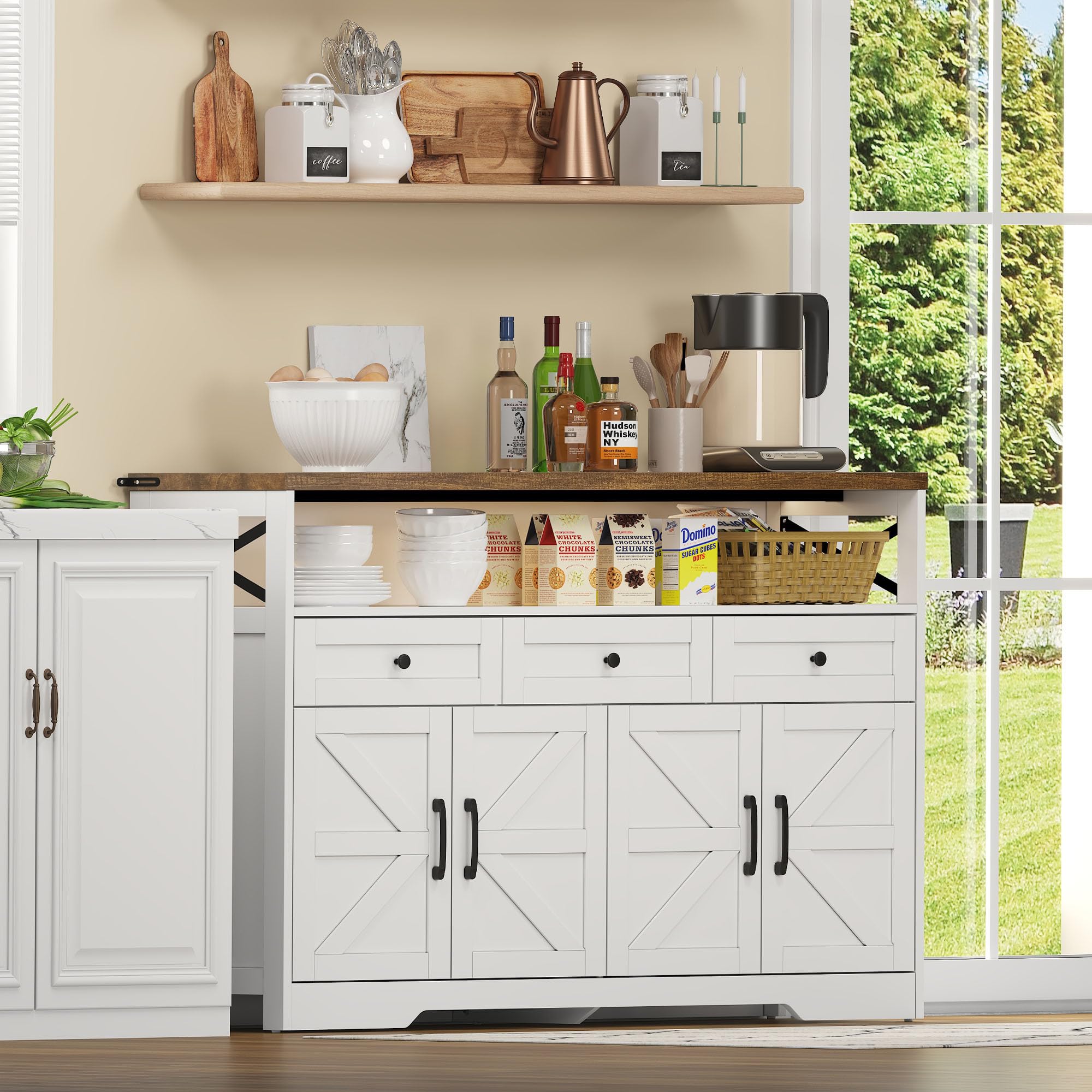 REXO Credenza a buffet, 140 cm, con spazio di archiviazione, caffè bar con 3 cassetti, consolle in stile rustico con porte, armadi con ripiani, adatta per cucina, soggiorno, corridoio, stile rustico