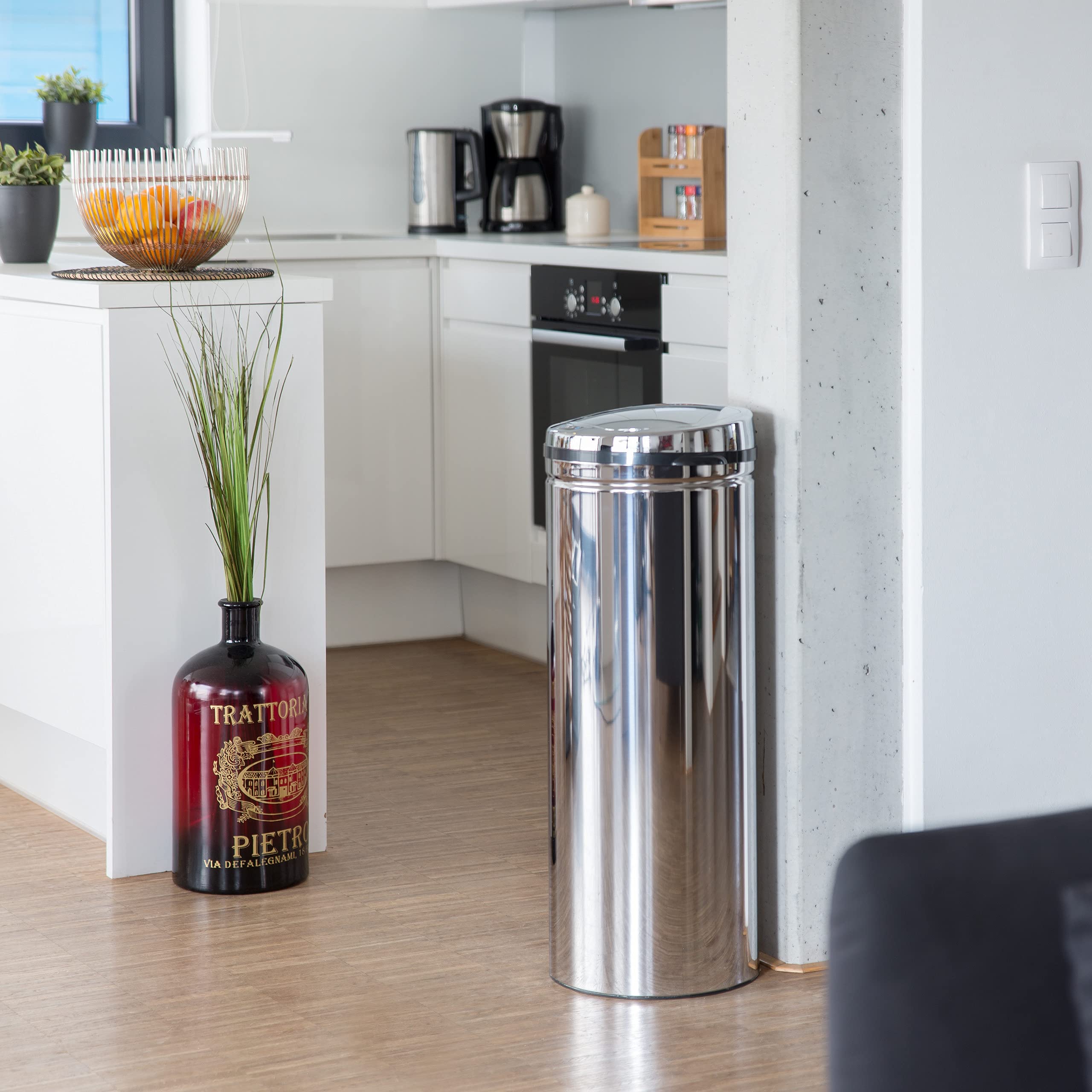 Relaxdays Cubo de Basura Cocina, 50 L, con Sensor, de Acero Inoxidable, 80 x 30 cm, Tapa Automática, Redondo, Plateado