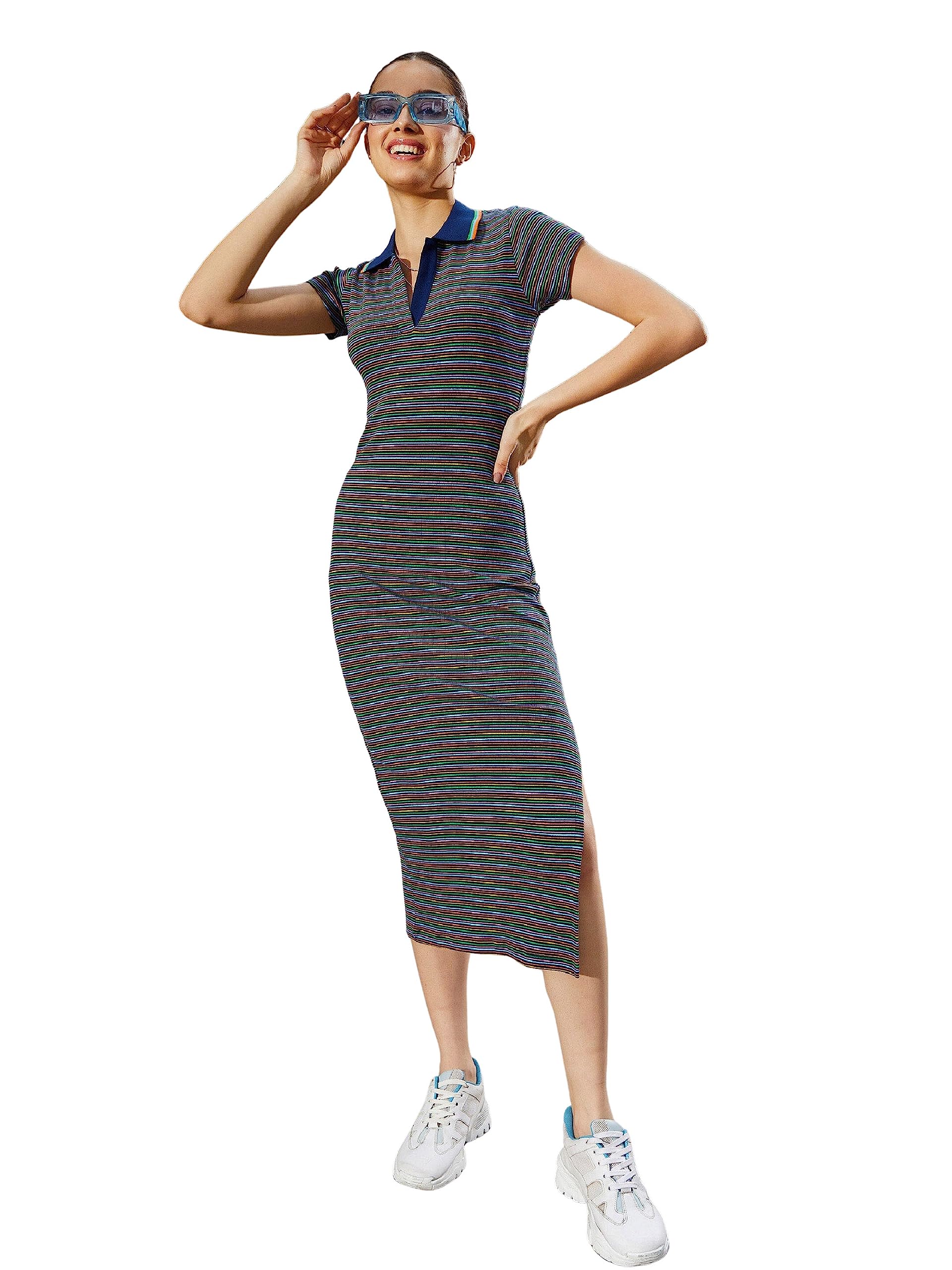 PrashaSASSAFRAS Women Navy Multi Striped Polo Neck Rib Maxi Dress