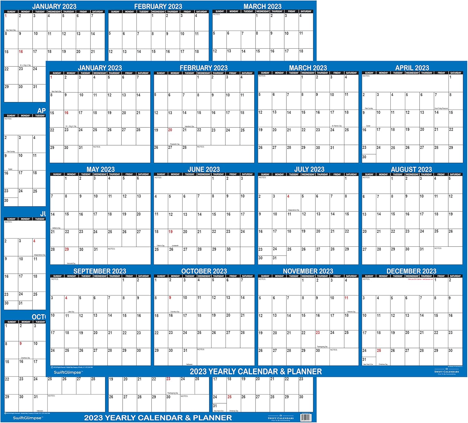 32" x 48" SwiftGlimpse 2023 Wall Calendar Erasable Large XL Wet & Dry Erase Laminated 12 Month Annual Yearly Wall Planner, Reversible, Navy : Office Products