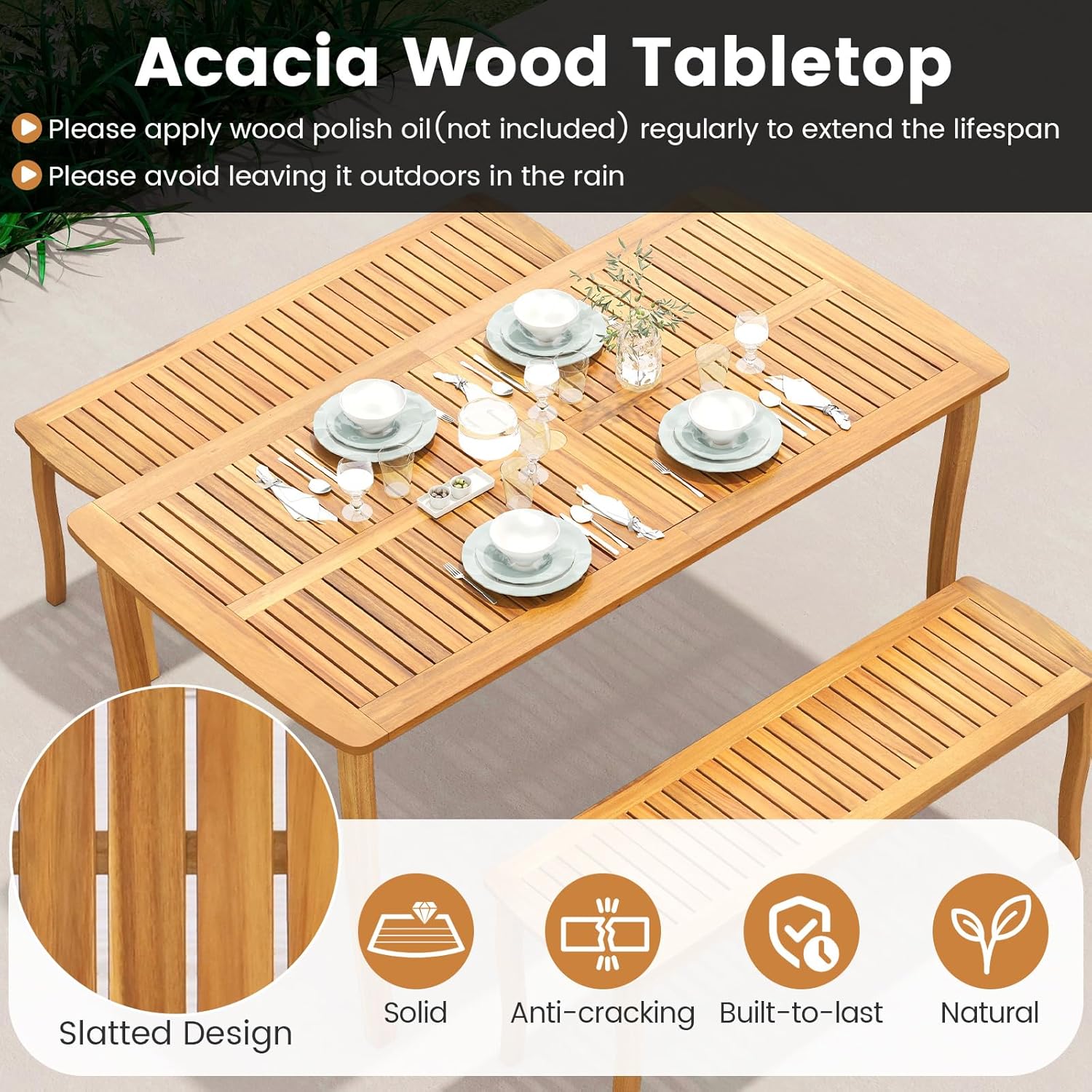 Tangkula 63-Inch Acacia Wood Outdoor Dining Table, 4-6 People Rectangle Patio Table with Umbrella Hole & Slatted Tabletop, Outside Table for Backyard, Garden, Porch, Deck