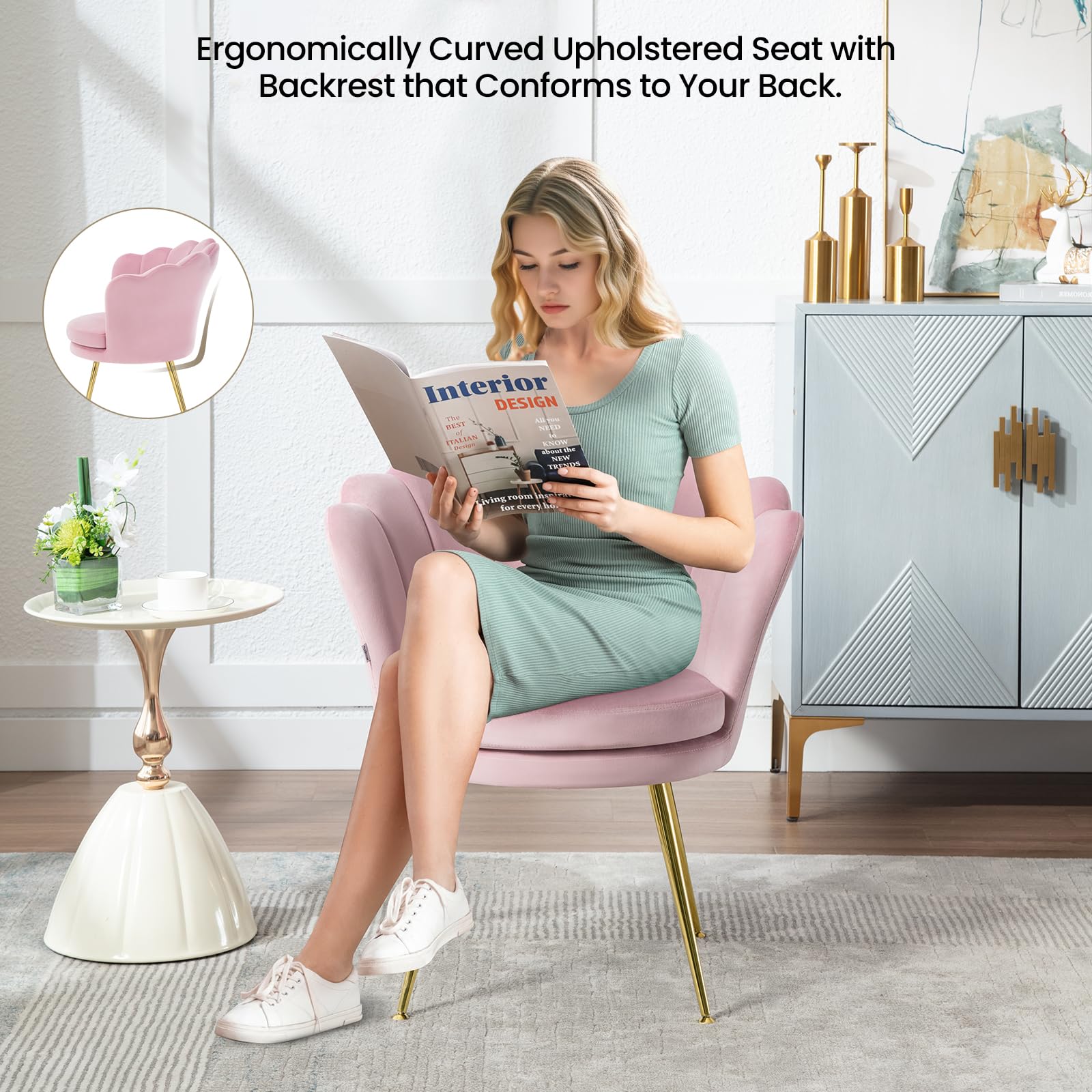 WOLTU Sillón Lounge, Butacas de Salón, Sillon Relax con Patas de Metal Chapa Dorada, Silla Terciopelo Dormitorio, Tocador y Recepción, Rosa, Carga 150 kg, SKS49rs