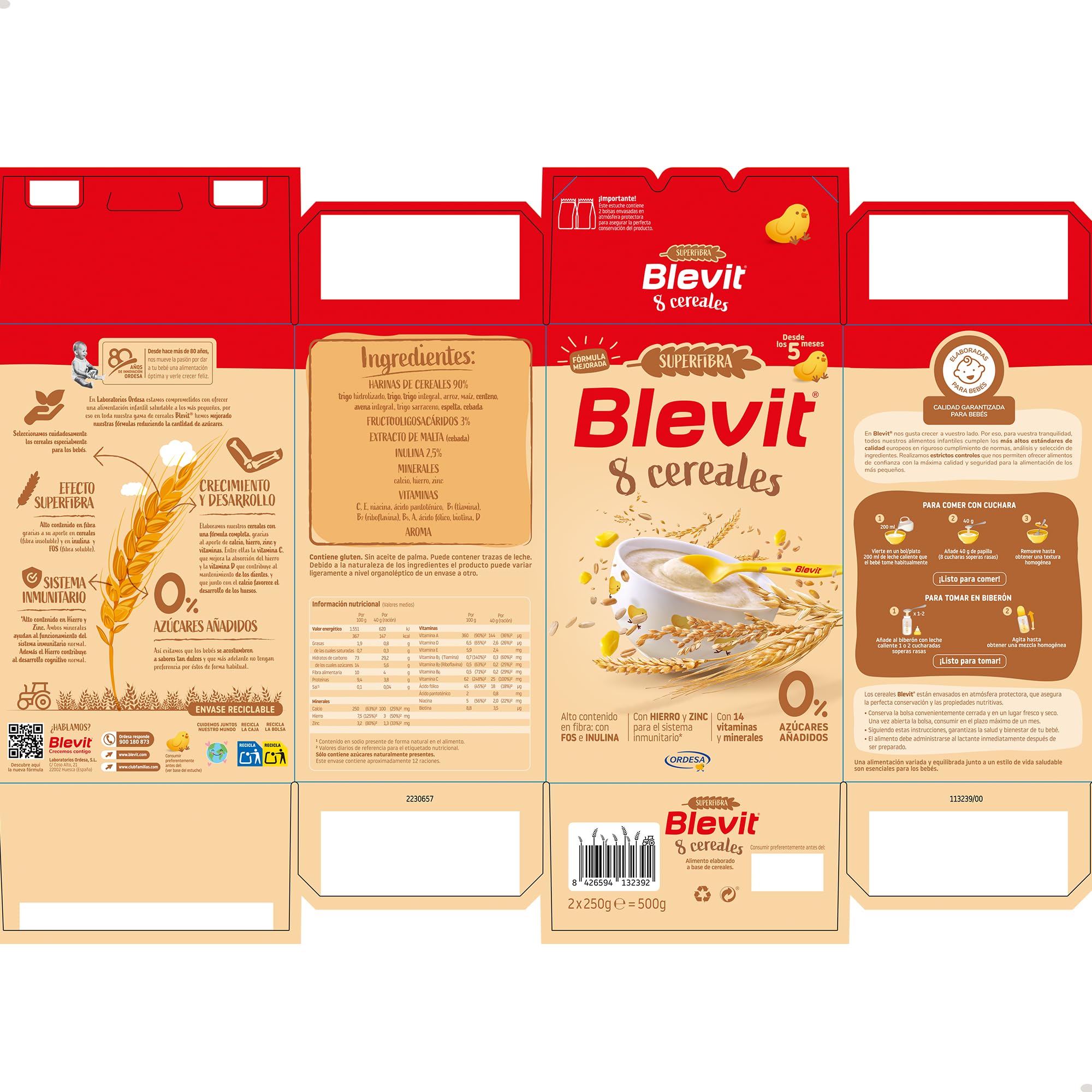 Blevit Superfibra 8 Cereales 500g Papilla para Bebé 5 Meses con Vitaminas, Minerales y Fibra