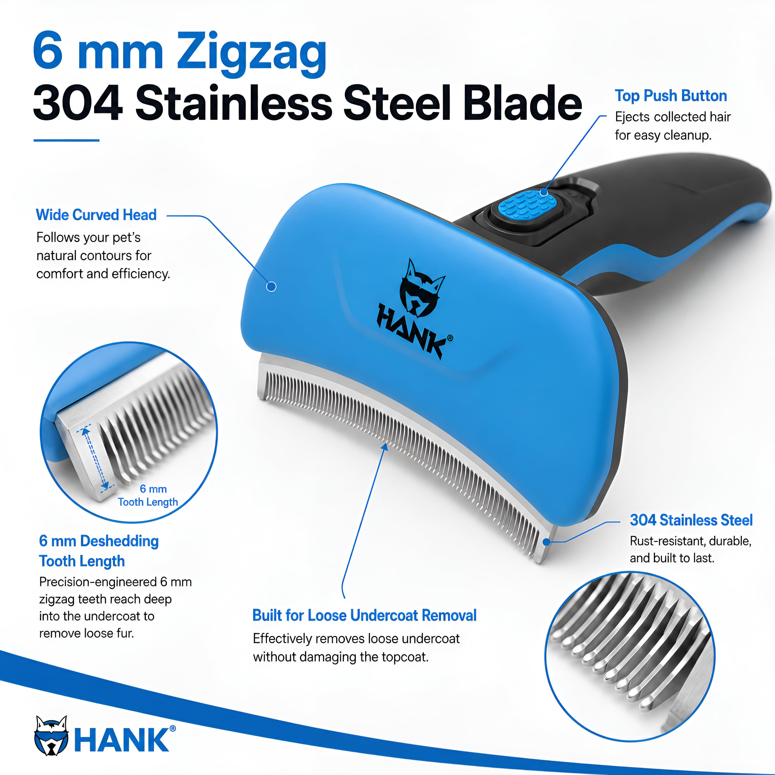 HANK Cepillo para perros – Hoja mejorada de 6 mm – Cepillo para perros para pelo corto, mediano y largo – Cepillo para gatos – Cepillo de aseo de mascotas – Reduce eficazmente el desprendimiento