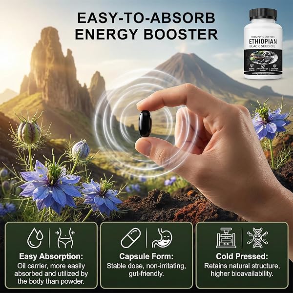 Ethiopian Black Seed Oil Capsules,Purely Nutrient Black Cumin Seed Oil from Nigella Sativa, Non-GMO Black Seed Oil Supplement Organic Cold Pressed, Easy-to-Swallow Softgels for Daily Wellness (1 Pack) - 3