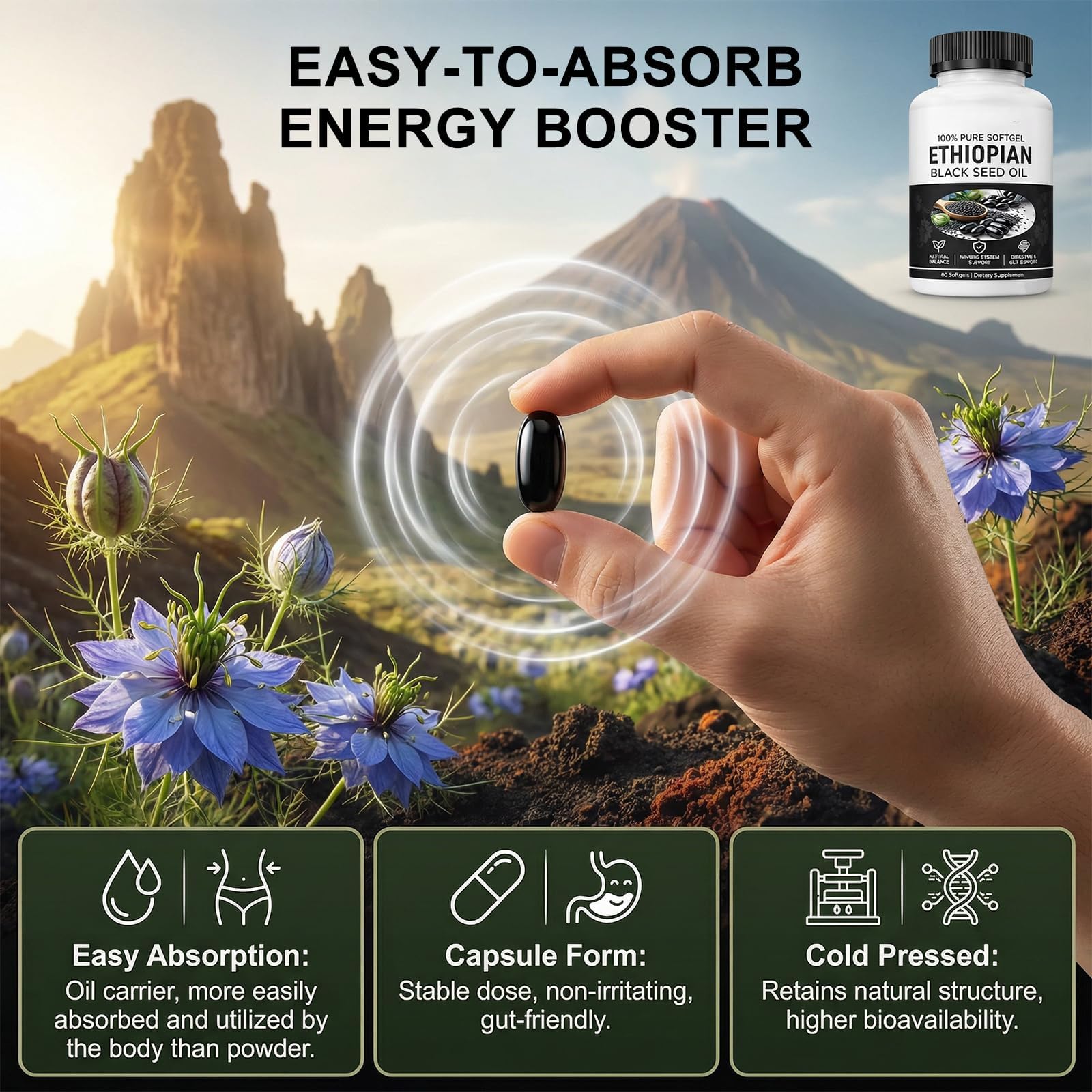 Ethiopian Black Seed Oil Capsules,Purely Nutrient Black Cumin Seed Oil from Nigella Sativa, Non-GMO Black Seed Oil Supplement Organic Cold Pressed, Easy-to-Swallow Softgels for Daily Wellness (1 Pack) — view 3