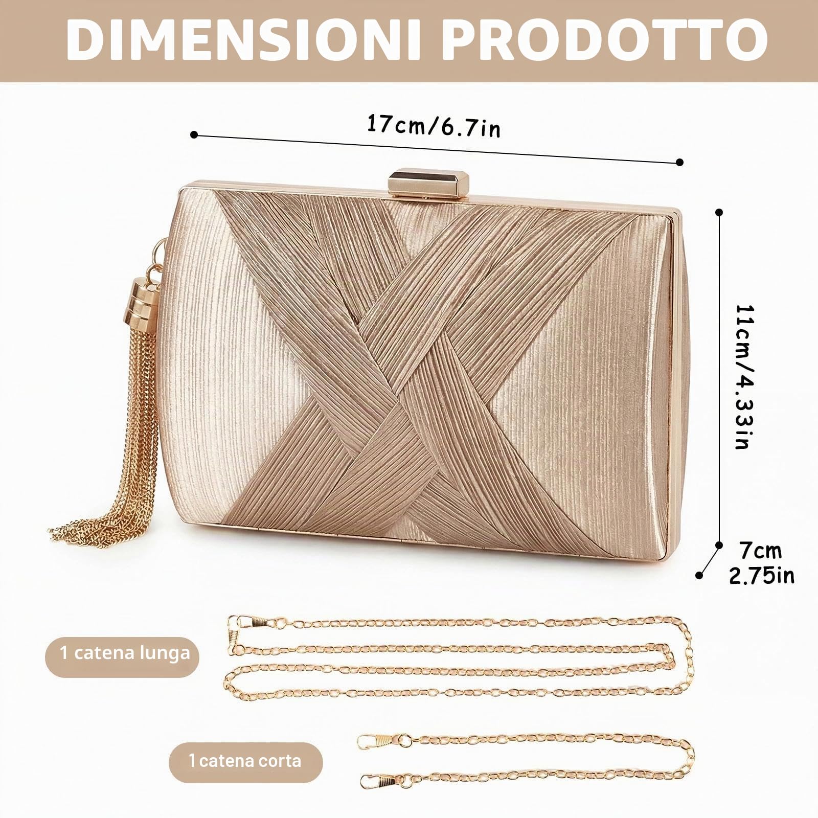 Pochette Oro da Sera Clutch Donna Pochette Dorata Cerimonia con 2 Catena, Elegante Borsa da Sera con Nappa da sposa Borsa Tracolla Piccola Borsetta per Feste di Matrimonio (Champagne)