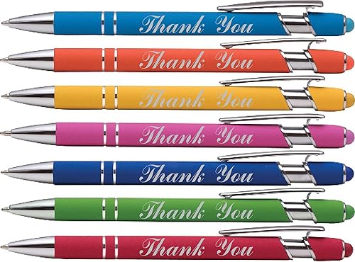 Bolígrafo impreso con texto "Thank You" en nuestro bolígrafo Script Burst, de goma suave al tacto con punta de lápiz capacitivo, es un elegante