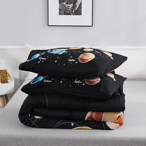 Miniatura 5 de Juego de ropa de cama individual para niños y niñas, juego de edredón de sistema solar para el espacio exterior, juego de ropa de cama de 3 piezas,