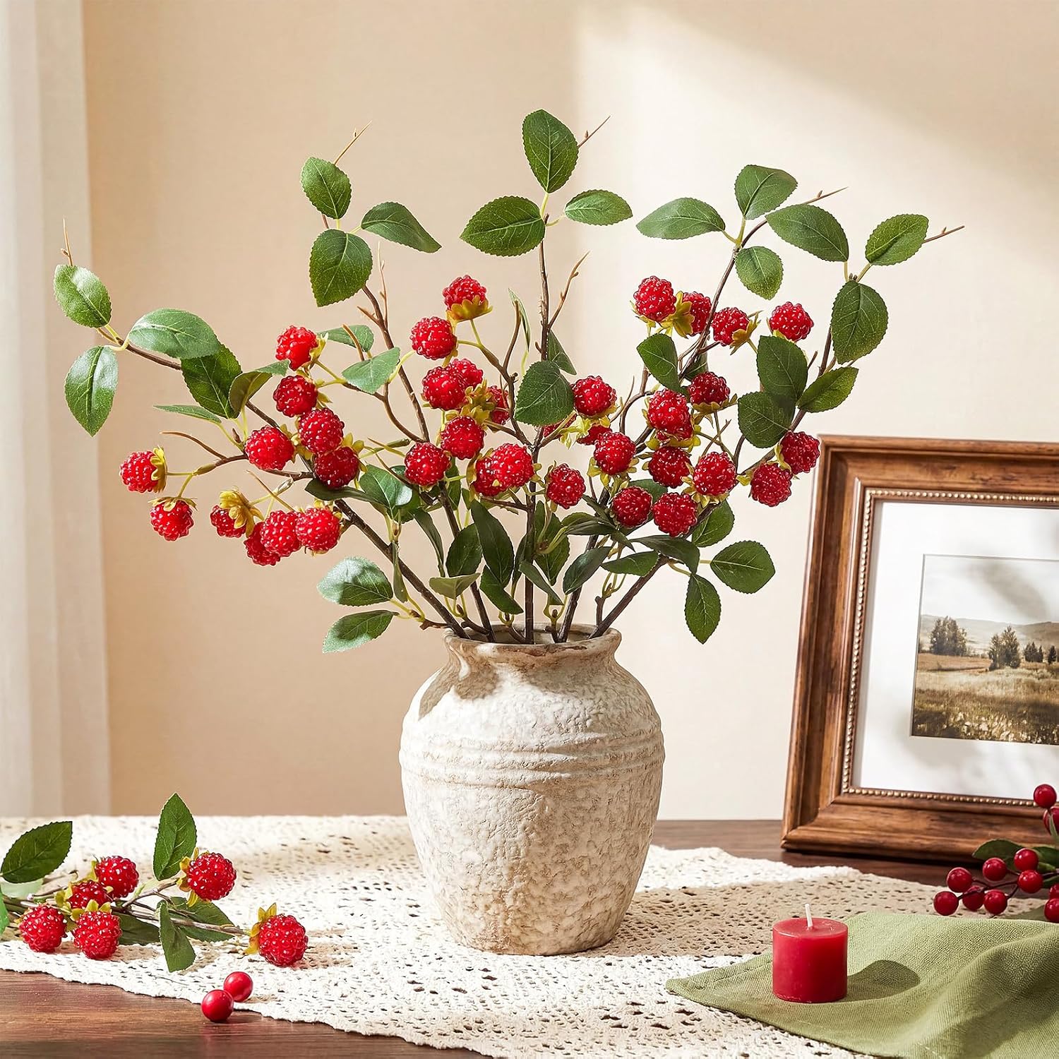 XunYee 6 Pack Light Red Artificial Raspberry Plant Stems 15'' Faux Raspberries Branches Fake Simulated Berry Bouquet Picks for Vase Filler Indoor Home Farmhouse Table Centerpieces Decor