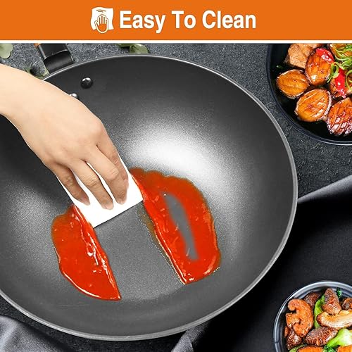 Miniatura 5 de Wok sartén con tapa, wok antiadherente de 13 pulgadas con espátula de silicona, woks y sartenes para freír y woks de acero al carbono, wok chino sin