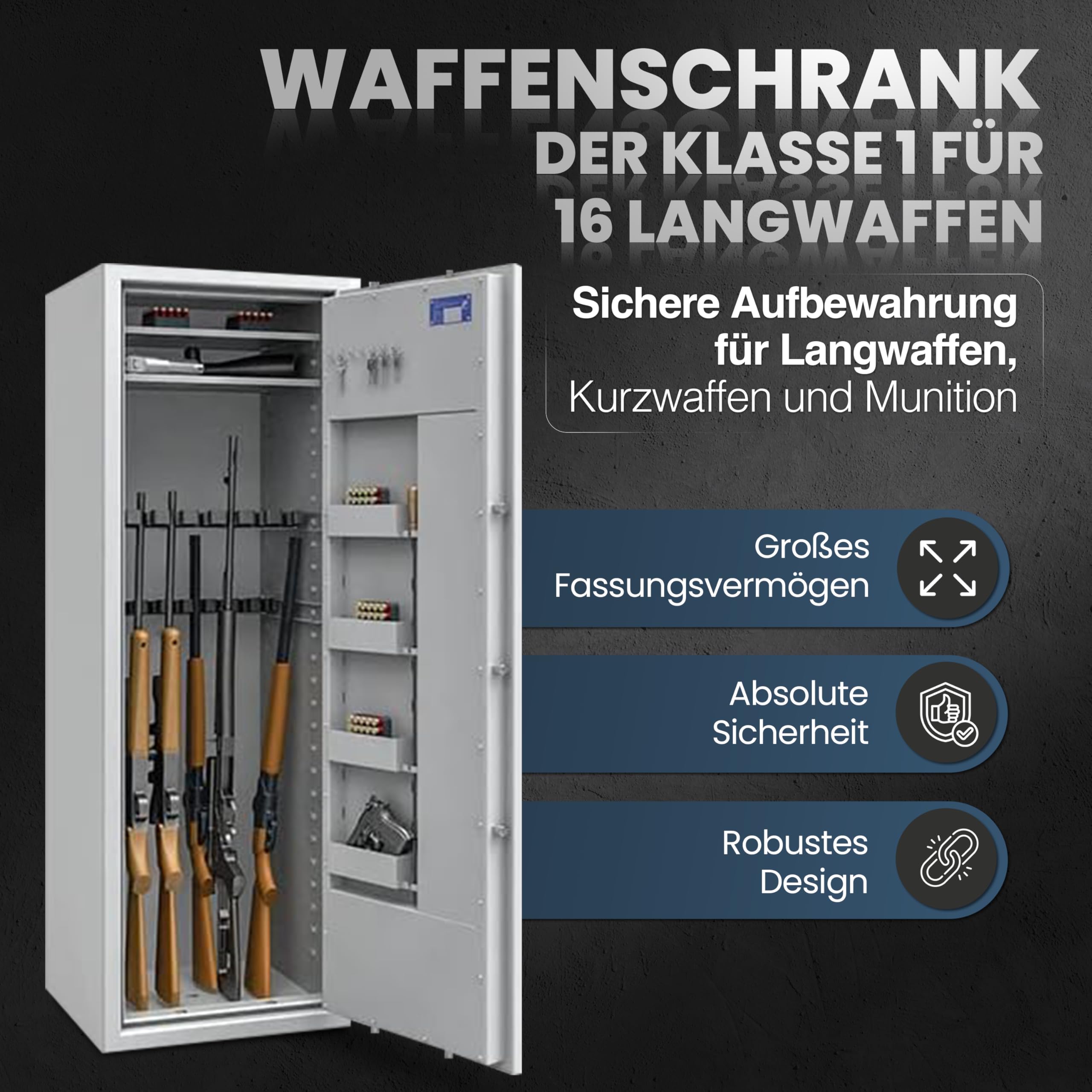Waffenschrank Klasse 1 EN 1143-1 für 16 Langwaffen, Kurzwaffen & Munition | 1600x550x500mm (Doppelbartschloss mit 2 Schlüsseln)