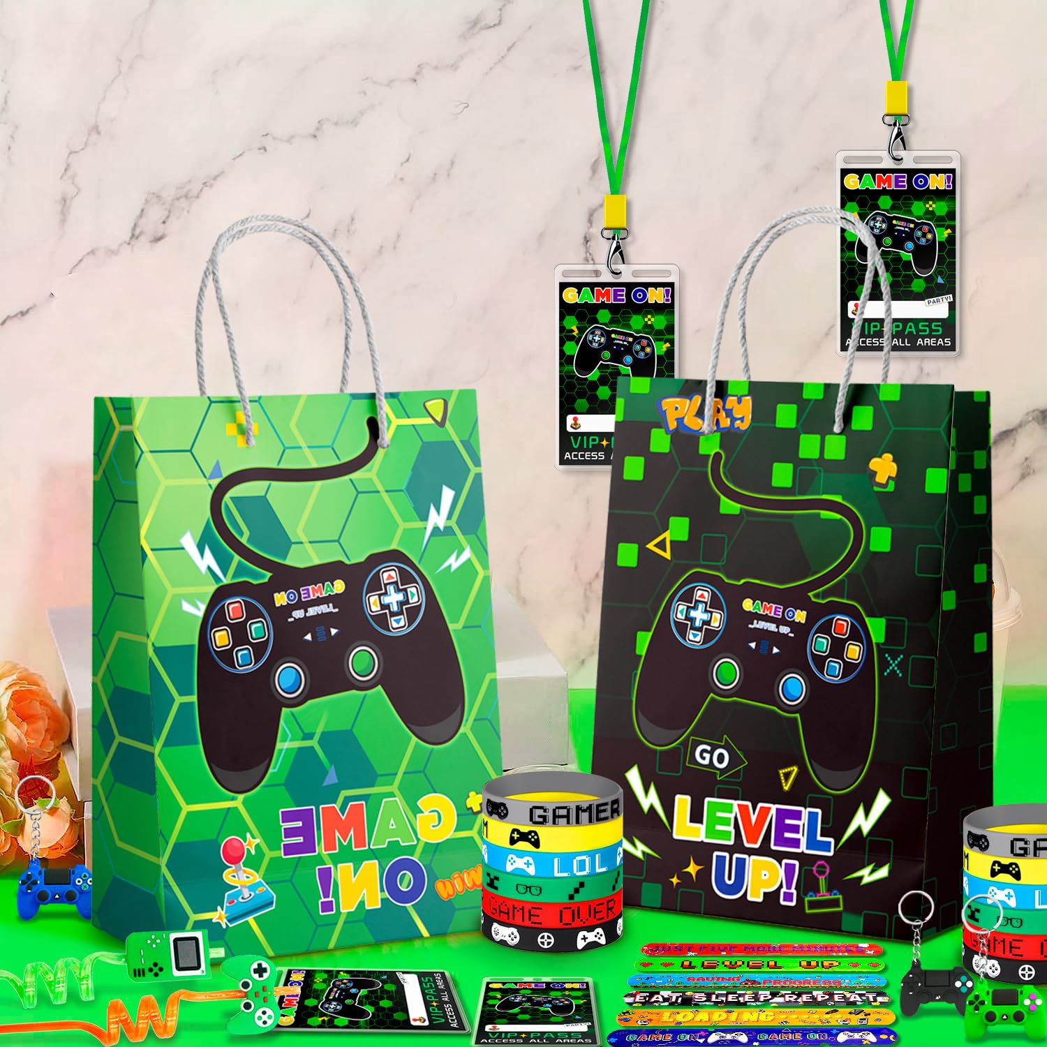 110 Pcs Video Game Party Favors for Kids 110pcs Game Party Favors Set Including Video Game Wristband Slap Bracelets Keychain Vip Pass Ticket & Game Goodie Bags etc Video Game Party Bag Fillers - Image 3
