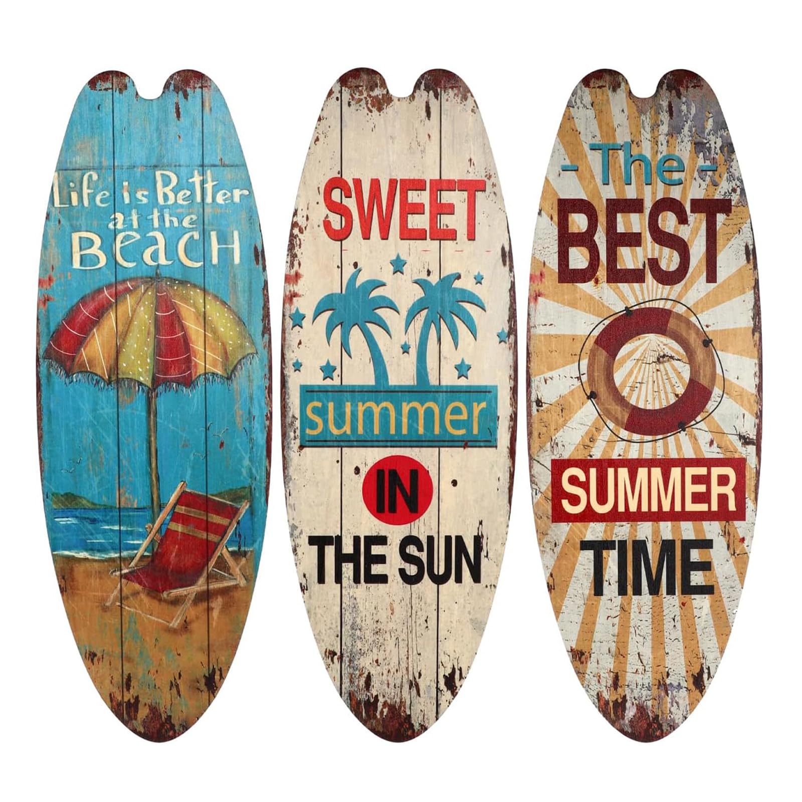 Yixuan 3Pcs Wooden Surfboard Wall Decor, Vintage Beach Themed Wall Art Signs, Distressed Nautical Surfboard Ornaments, Coastal Summer Wall Hanging Decor for Living Room Bedroom Café Beach House Gifts