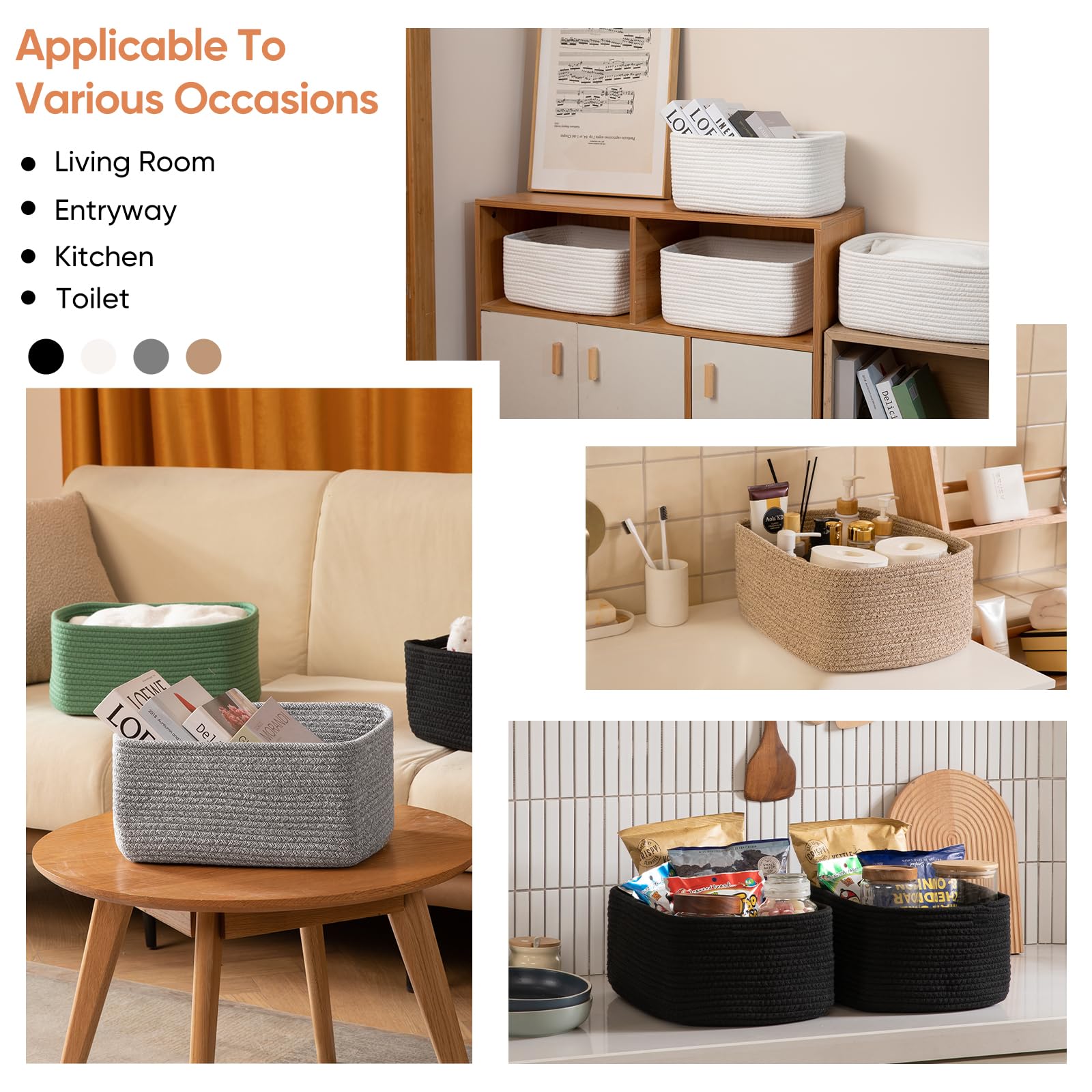Paquete de 4 cestas de almacenamiento de 14.17 x 11.02 x 6.3 pulgadas para organizar estantes, cestas de cuerda tejida para organizar libros, ropa, cesta decorativa para sala de estar 5