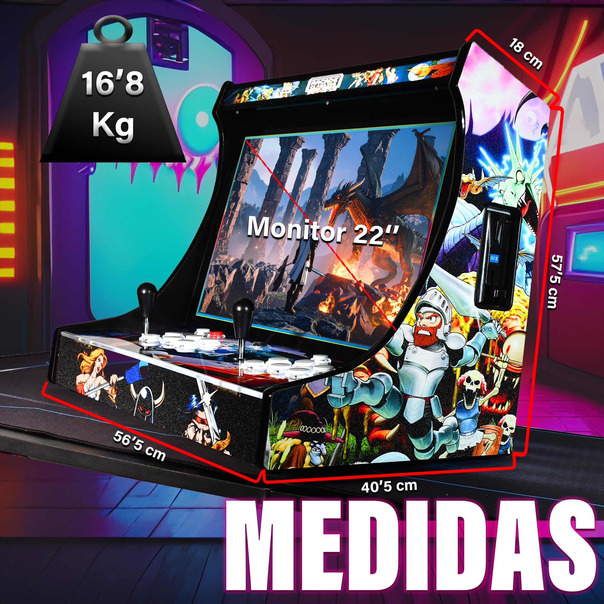 Máquina Arcade Retro 22" con Pantalla HD | 2 Jugadores | 6 Botones por Jugador | Modo Free Play o Monedero | Altavoz Integrado | Marquesina LED | Mueble Arcade Hecho a Mano