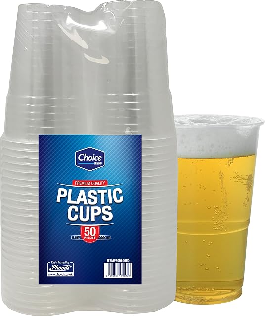 Choice Dining Pack of 50 Strong Plastic Pint Glasses Disposable Beer Cups Great For Party's And All Typs Of Events And Celebrations 660ml
