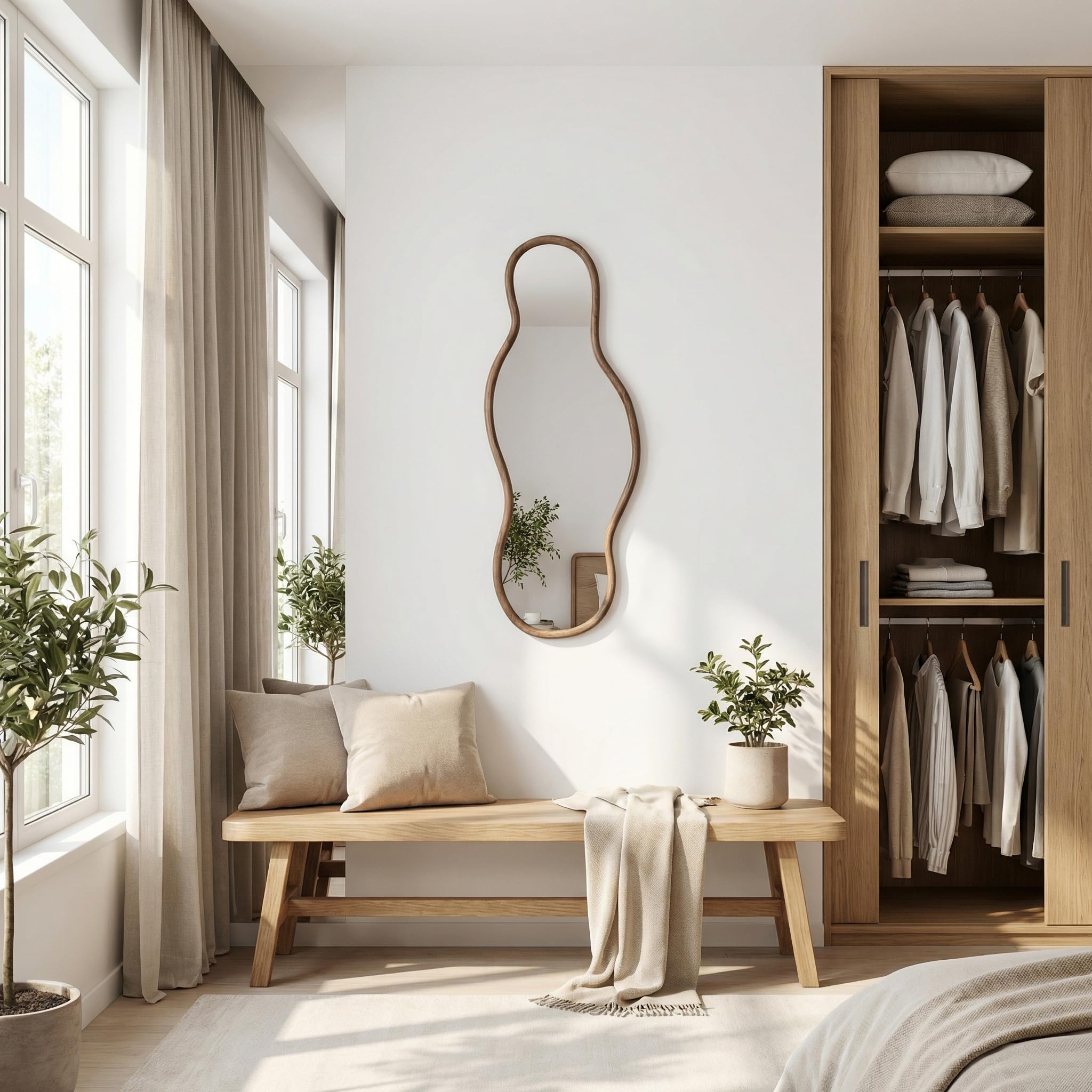 Espejos asimétricos, 105 × 40 cm Espejo de Pared Irregular, Espejo de Cuerpo Entero con Marco de Madera, Espejos en Forma de Nubes Decoración de Salones, Habitaciones, pasillos (105×40cm)