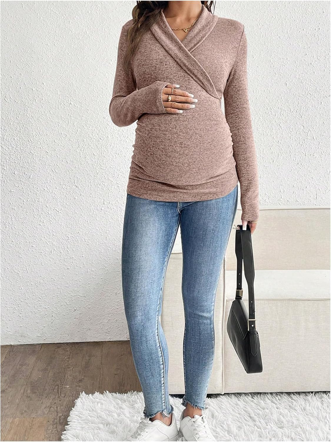SweatyRocks Women's Maternity Shirts Wrap V Neck Long Sleeve Ruched Breastfeeding Nursing Top - Image 2