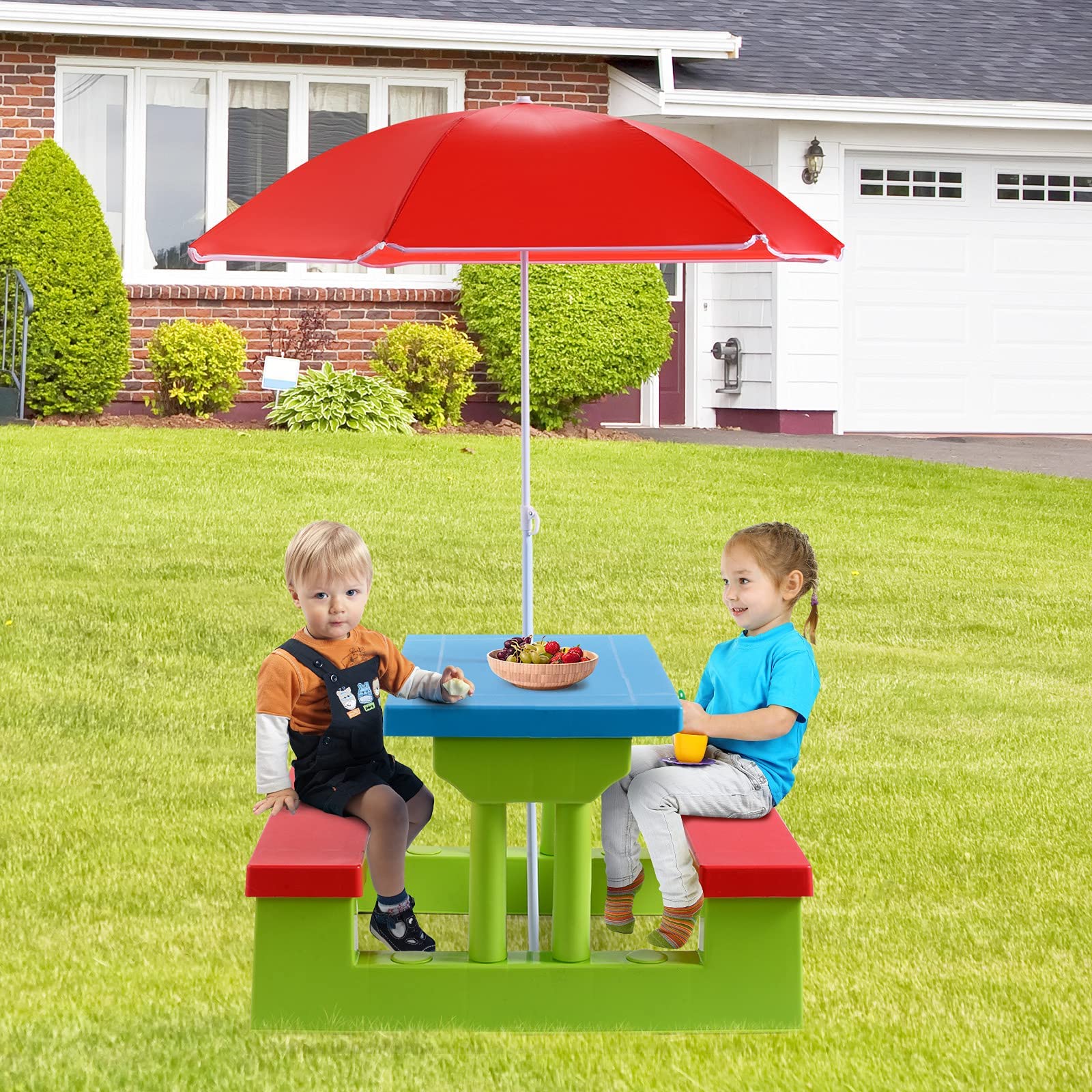 GIANTEX Table de Pique-Nique pour Enfants, Ensemble de Table et Chaises avec Pare-Soleil Amovible,Ensemble Salon de Jardin pour Enfants de Plus de 3 Ans, pour Jardin, Terrasse, Parc(Bleu+Vert+Rouge)