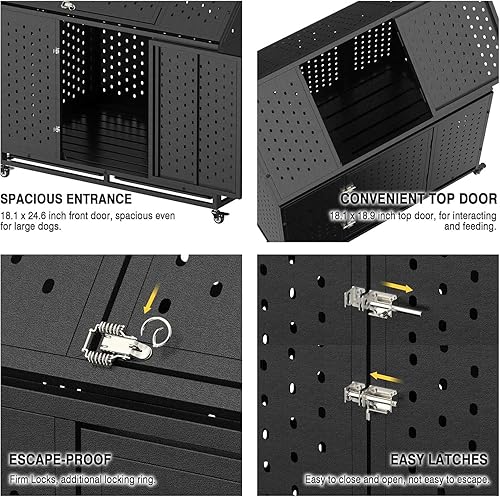 Miniatura 3 de Jaulas resistentes de 44 pulgadas para perros grandes, jaula indestructible a prueba de escapes con ruedas bloqueables, doble puerta de alta