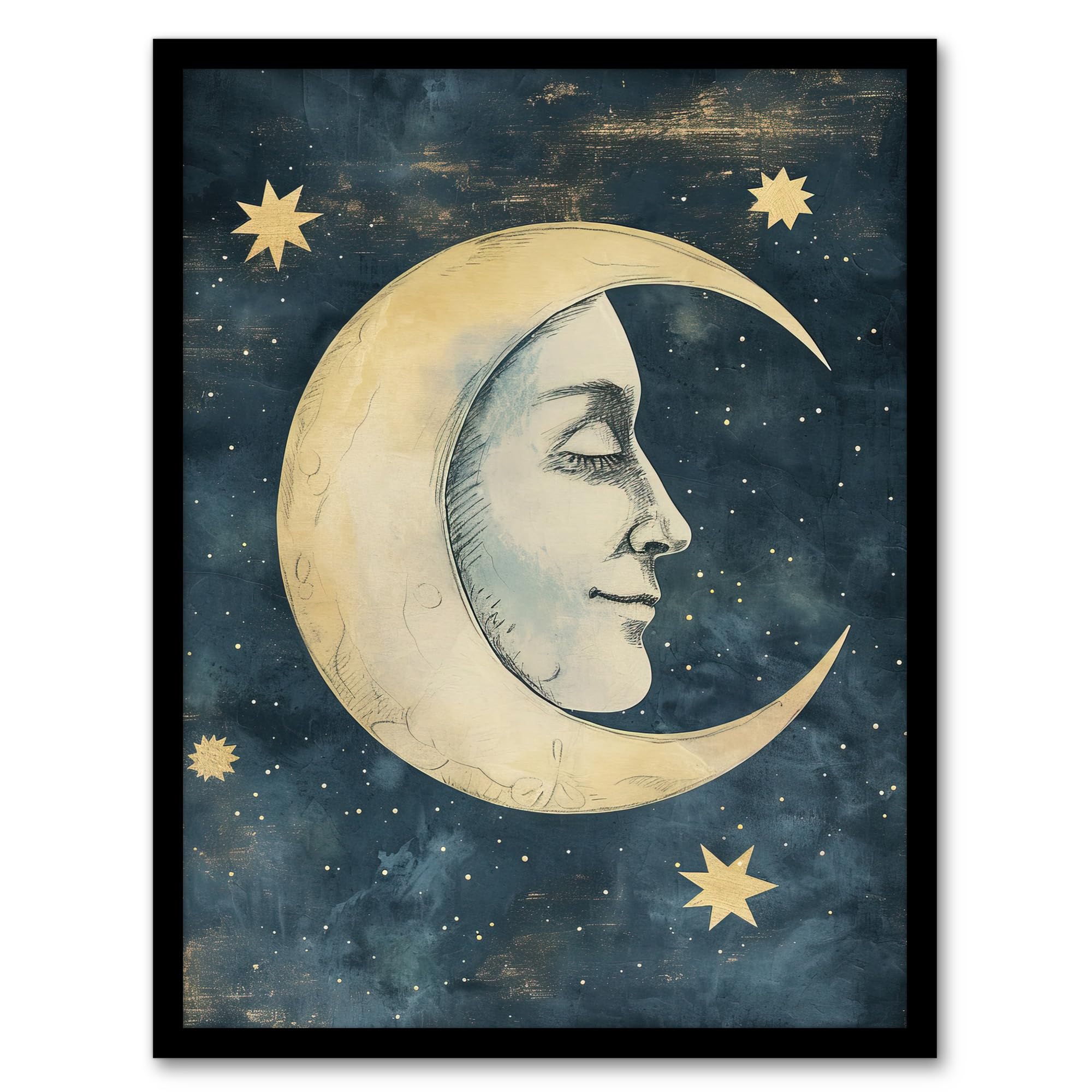 Artery8 Man in Moon with Stars Drawing Vintage Peaceful Kids Bedroom Artwork Framed Wall Art Print A4