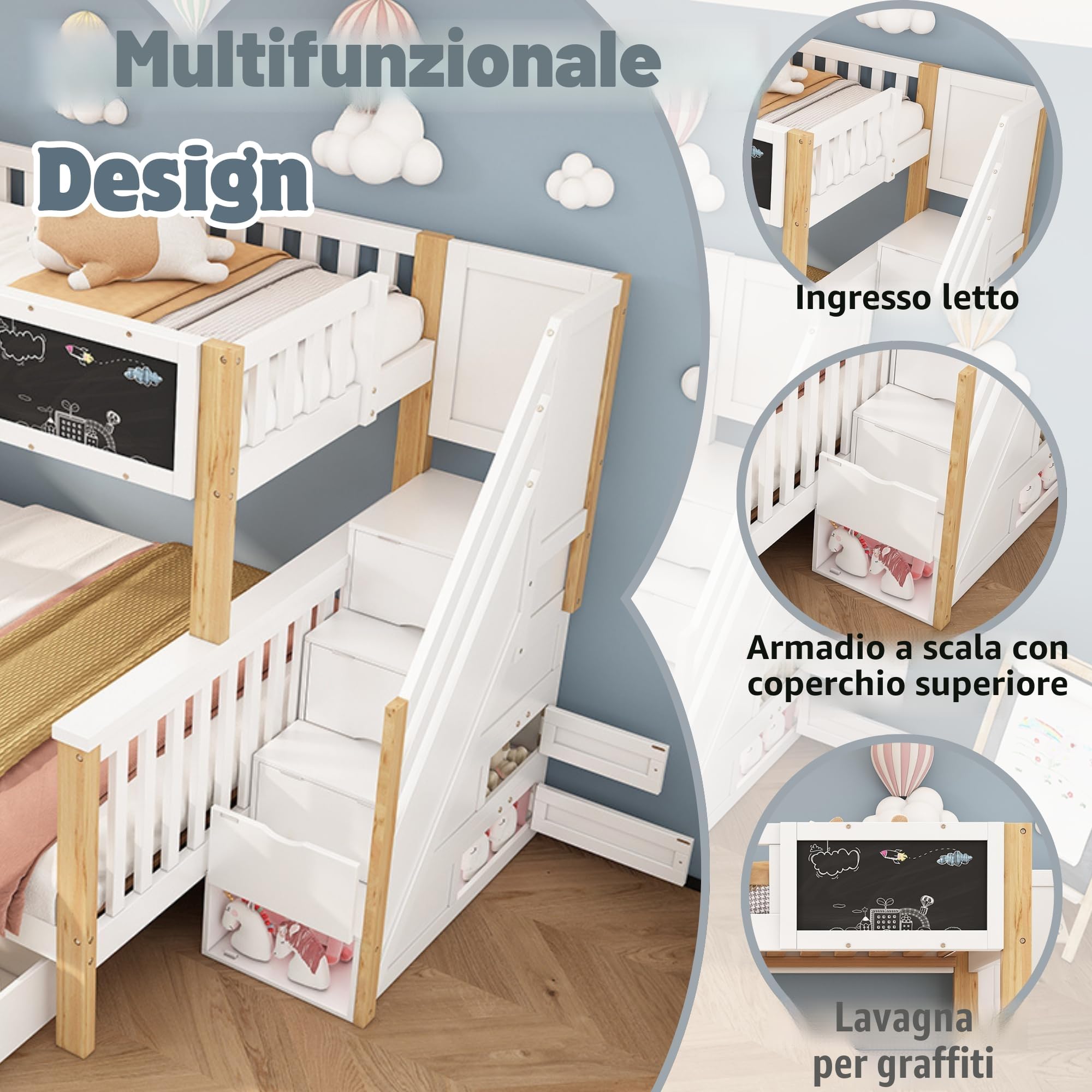 Moimhear Letto a castello per bambini, matrimoniale, multifunzione, con piano e cassetti, 90 x 200 + 140 x 200 cm (bianco + rovere chiaro)