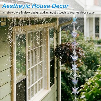 2.4m Rain Chains for Outside, 7.9ft Hummingbird Rain Chain with 7 Rain Chain Cups, Adjustable Rain Catcher Drain Chain for Eaves Drainage, Replacement for Downspout