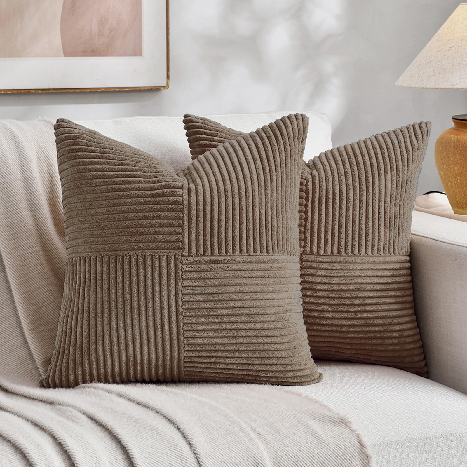 Fancy Homi Set of 2, Light Brown Patchwork Corduroy Decorative Soft Striped Modern Accent Cushion Case Farmhouse Boho Neutral Throw Pillow Covers for Chair Couch Bed Sofa Living Room 24x24 Inch โ image 1