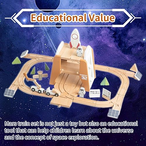 Miniatura 7 de Juego de tren de madera juguetes espaciales, juego de pistas de tren de madera, 39 piezas, estación espacial de tren base Mars Explore con cohete y