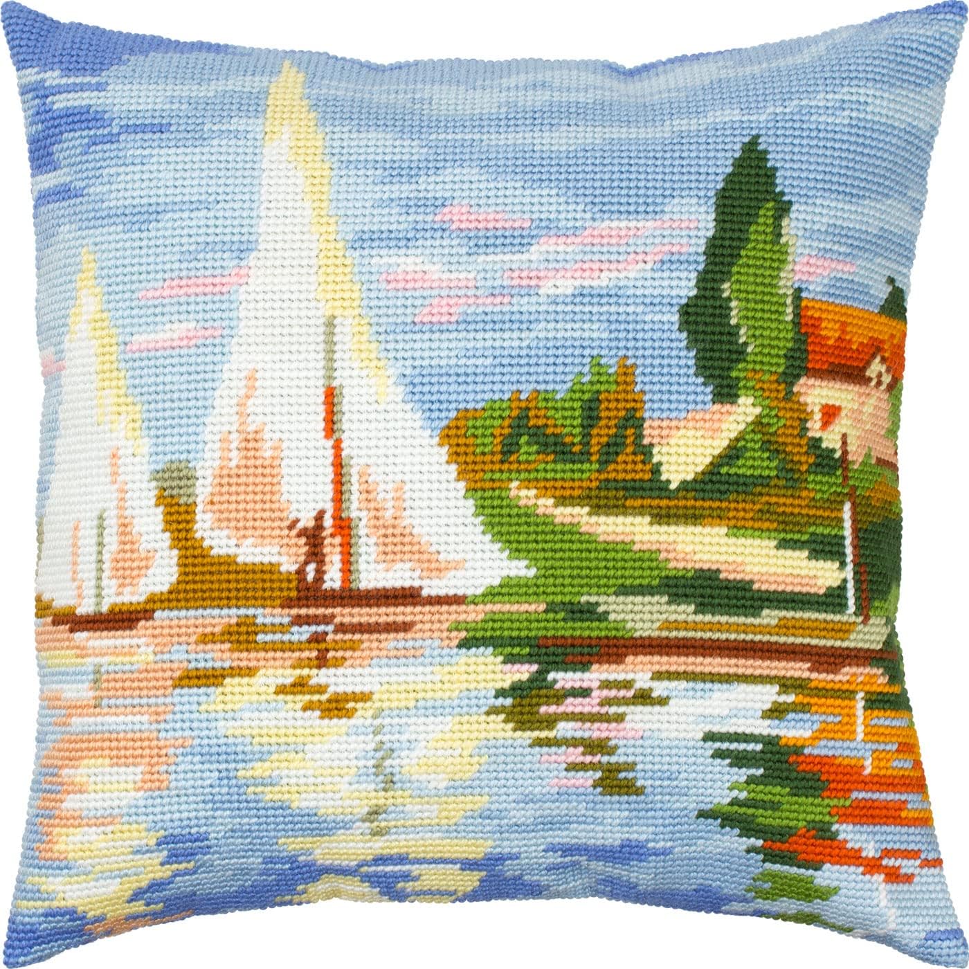 Marine Embroidery Kit for Adults and Beginners — Regatta at Argenteuil by Claude Monet 16″ × 16″ with Clear, Precise Printed Design on Cotton Canvas; Includes 2 Needles, Yarn, and Easy-Read Chart