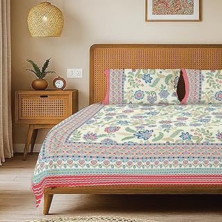 Urban Space 100% Cotton Jaipuri Handblock Premium Printed King Size Bedsheet with 2 Pillow Covers, 240 TC Cotton King Beds Price In India