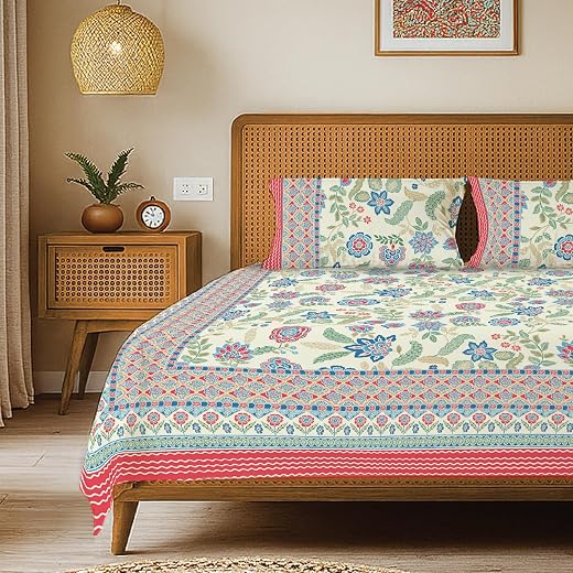 Urban Space 100% Cotton Jaipuri Handblock Premium Printed King Size Bedsheet with 2 Pillow Covers, 240 TC Cotton King Beds...