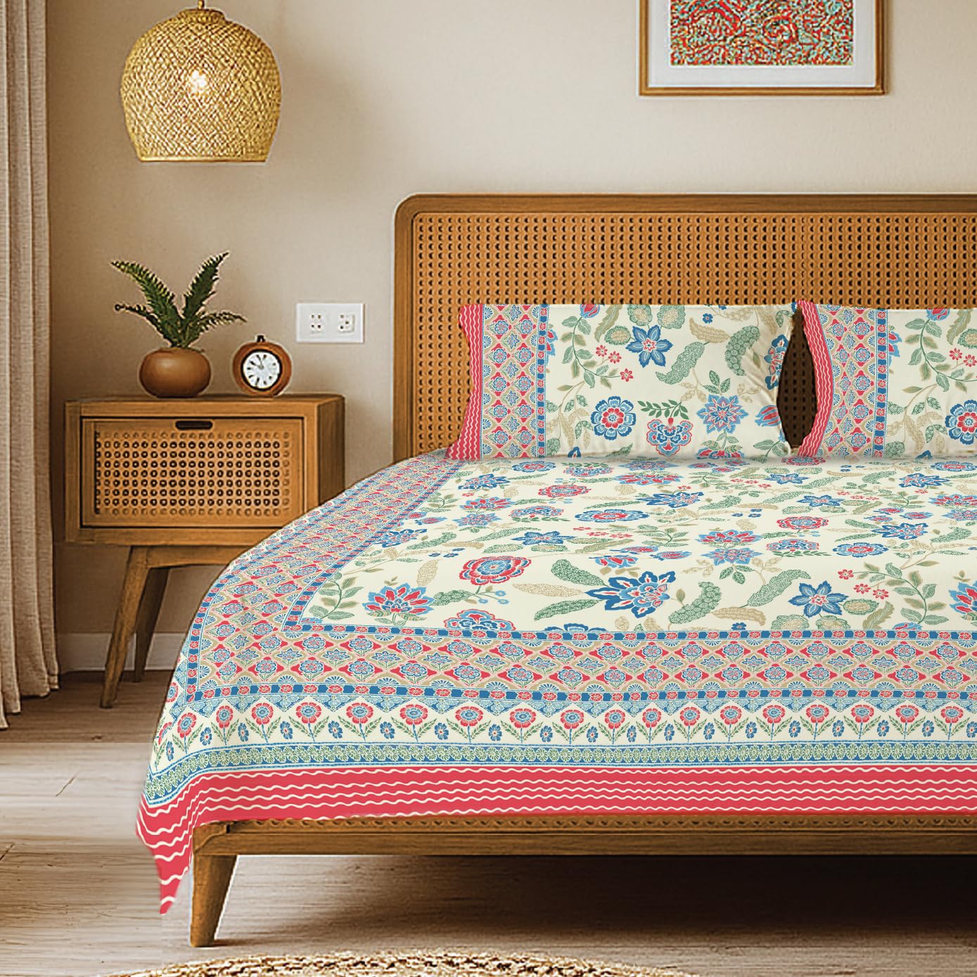 Urban Space 100% Cotton Jaipuri Handblock Premium Printed King Size Bedsheet with 2 Pillow Covers, 240 TC Cotton King Beds...