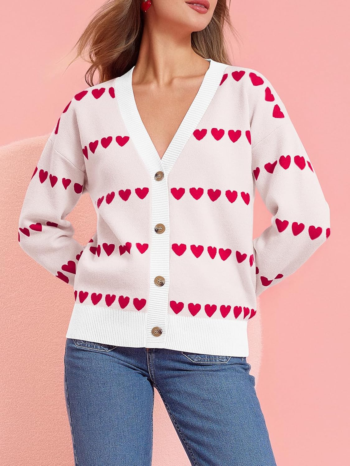 Saodimallsu Womens Heart Cardigan Sweaters Valentines V Neck Button Down Long Sleeve Knit Striped Sweater Coats - Image 3