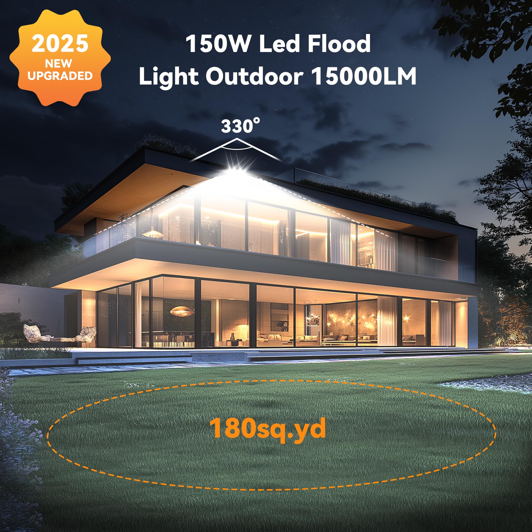 SOLLA Foco LED de 150 W para exteriores, ultrabrillante, 15000 lm, 6000 K, luz blanca IP66, resistente al agua, 3 cabezales, luces de seguridad para exteriores, para patios, color gris calle