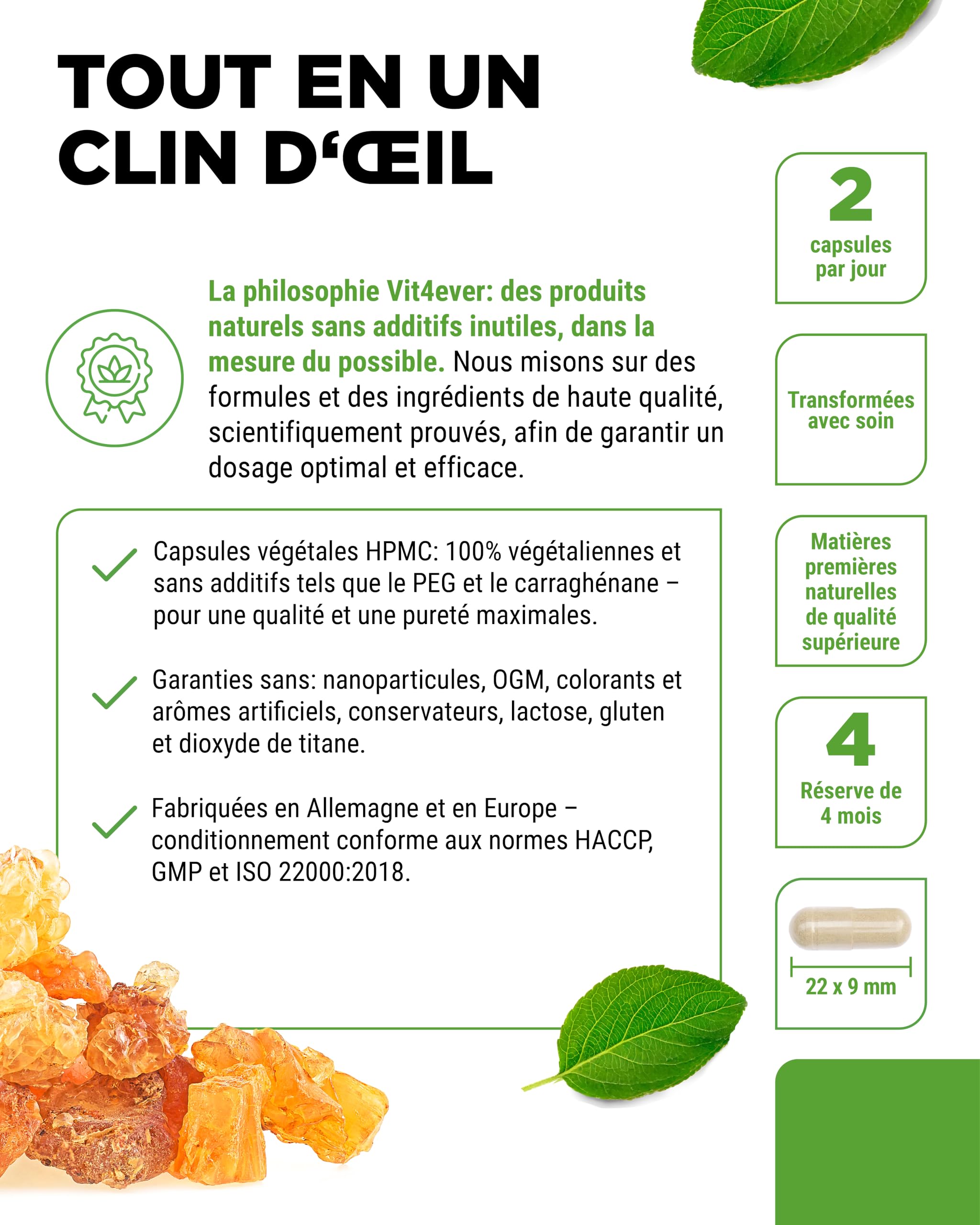 vit4ever Extrait d’Encens - 240 capsules Véganes - 1000 mg par Portion Quotidienne - Avec 85% d’Acides Boswelliques issus de Véritable Boswellia serrata Indien - Hautement Dosé & Qualité Premium