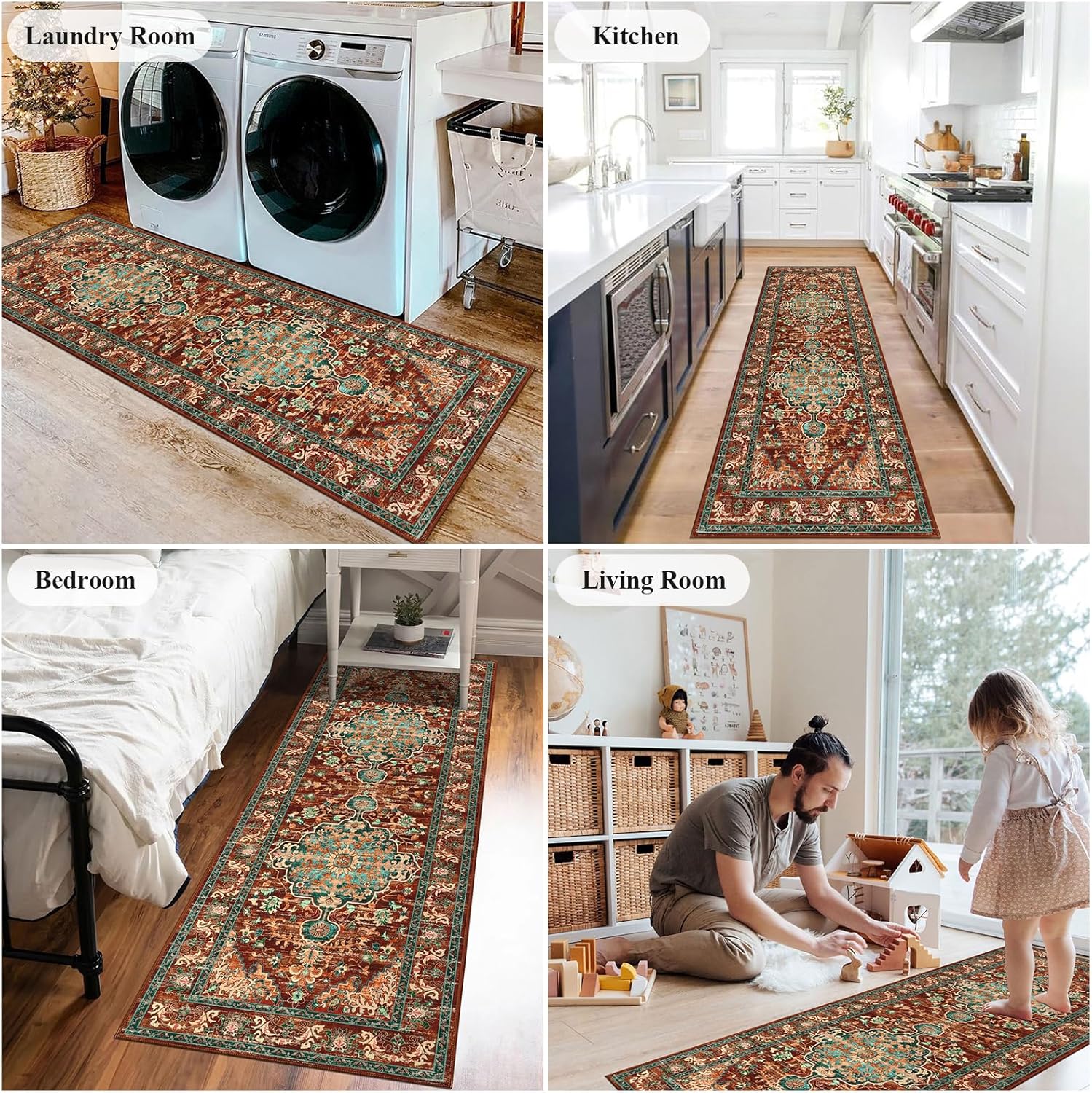 U'Artlines 2' x 6' Boho Hallway Runner Rug, Non Slip Washable Vintage Farmhouse Accent Area Rug Carpet for Kitchen Entryway Laundry and Living Room (Rust&Teal) - Image 4